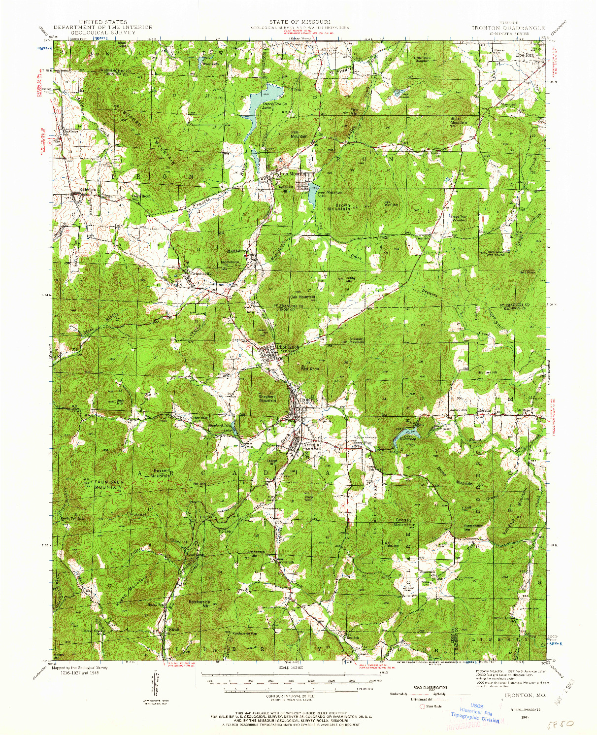 USGS 1:62500-SCALE QUADRANGLE FOR IRONTON, MO 1945