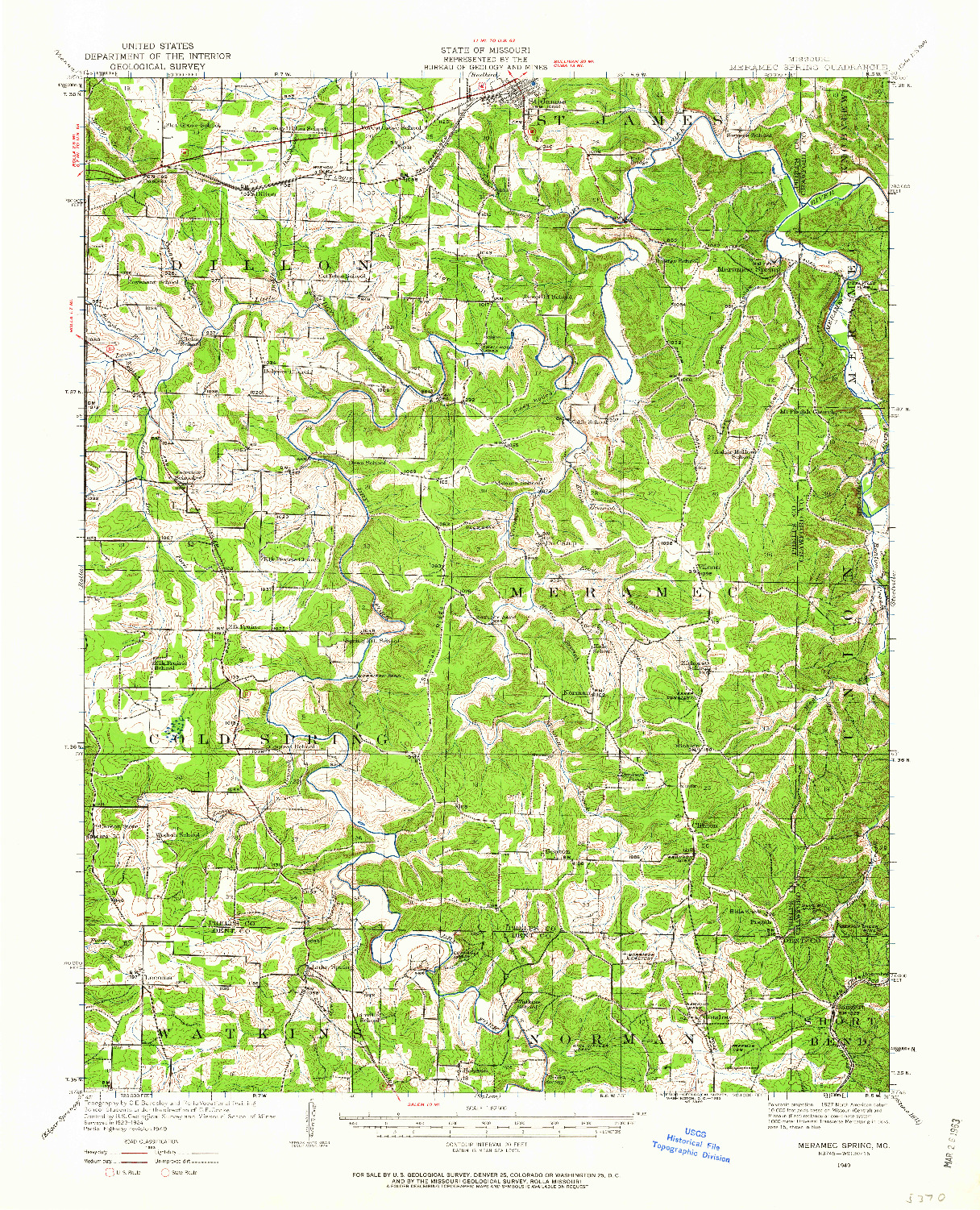 USGS 1:62500-SCALE QUADRANGLE FOR MERAMEC SPRING, MO 1949