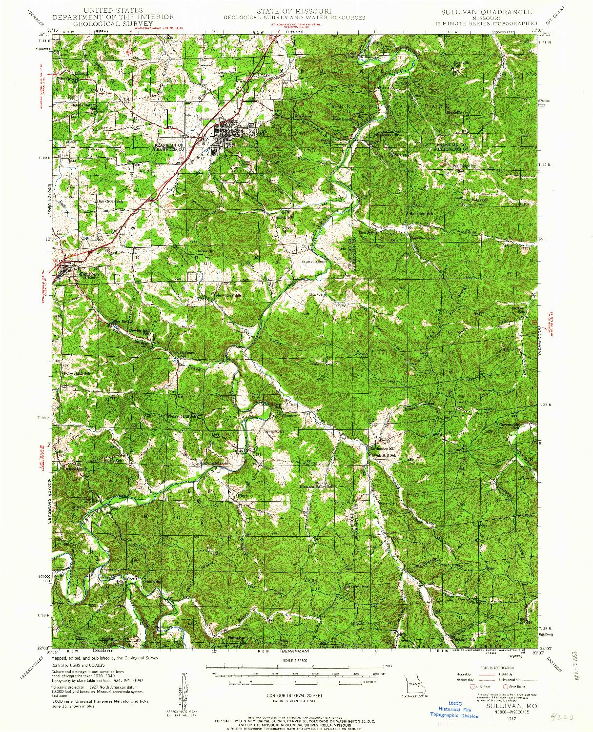USGS 1:62500-SCALE QUADRANGLE FOR SULLIVAN, MO 1947