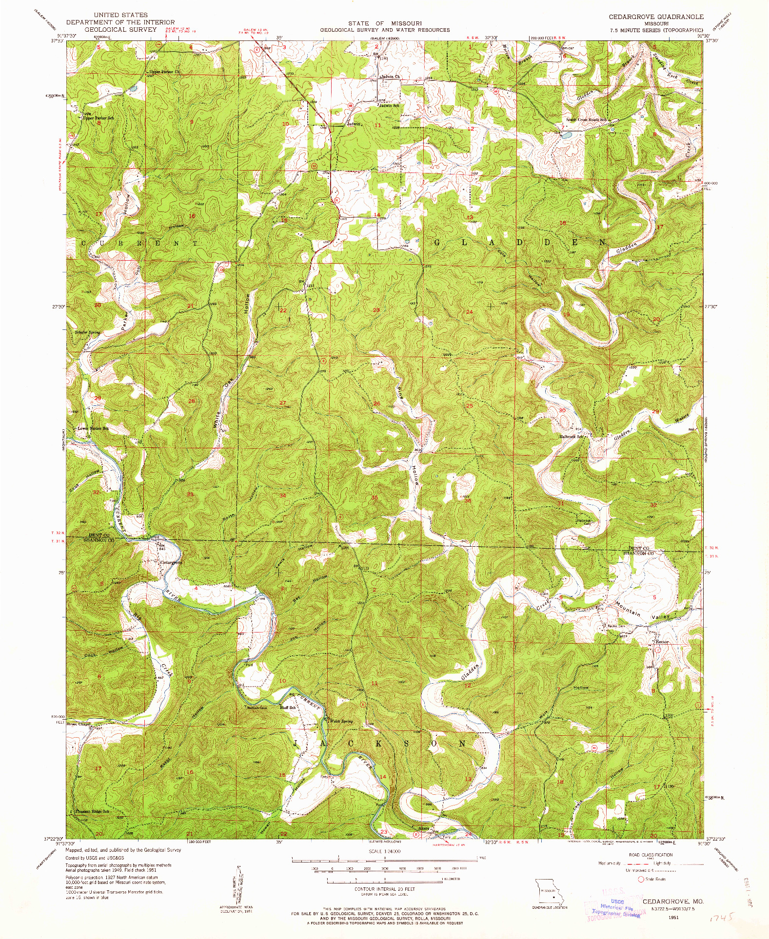 USGS 1:24000-SCALE QUADRANGLE FOR CEDARGROVE, MO 1951