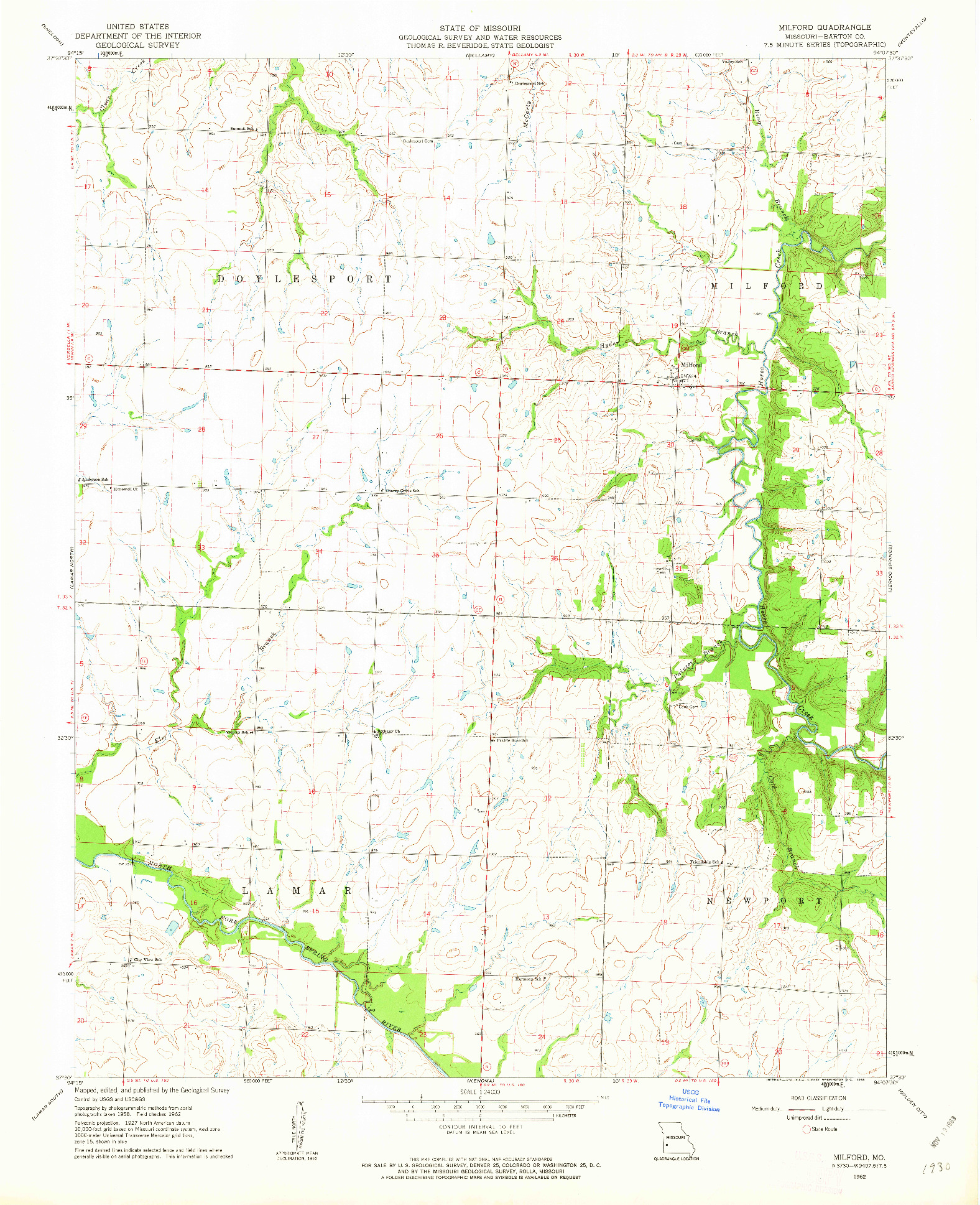 USGS 1:24000-SCALE QUADRANGLE FOR MILFORD, MO 1962