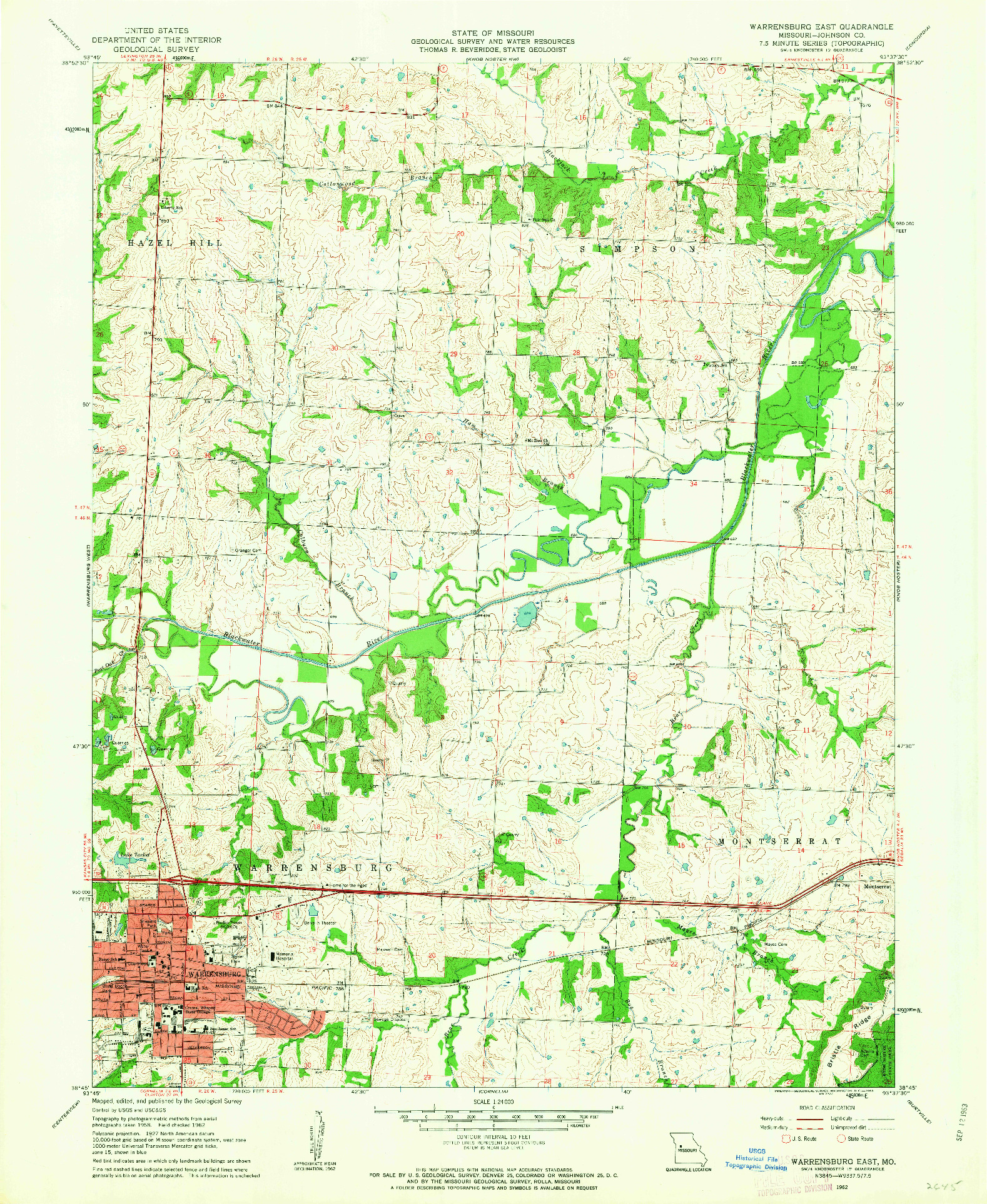 USGS 1:24000-SCALE QUADRANGLE FOR WARRENSBURG EAST, MO 1962