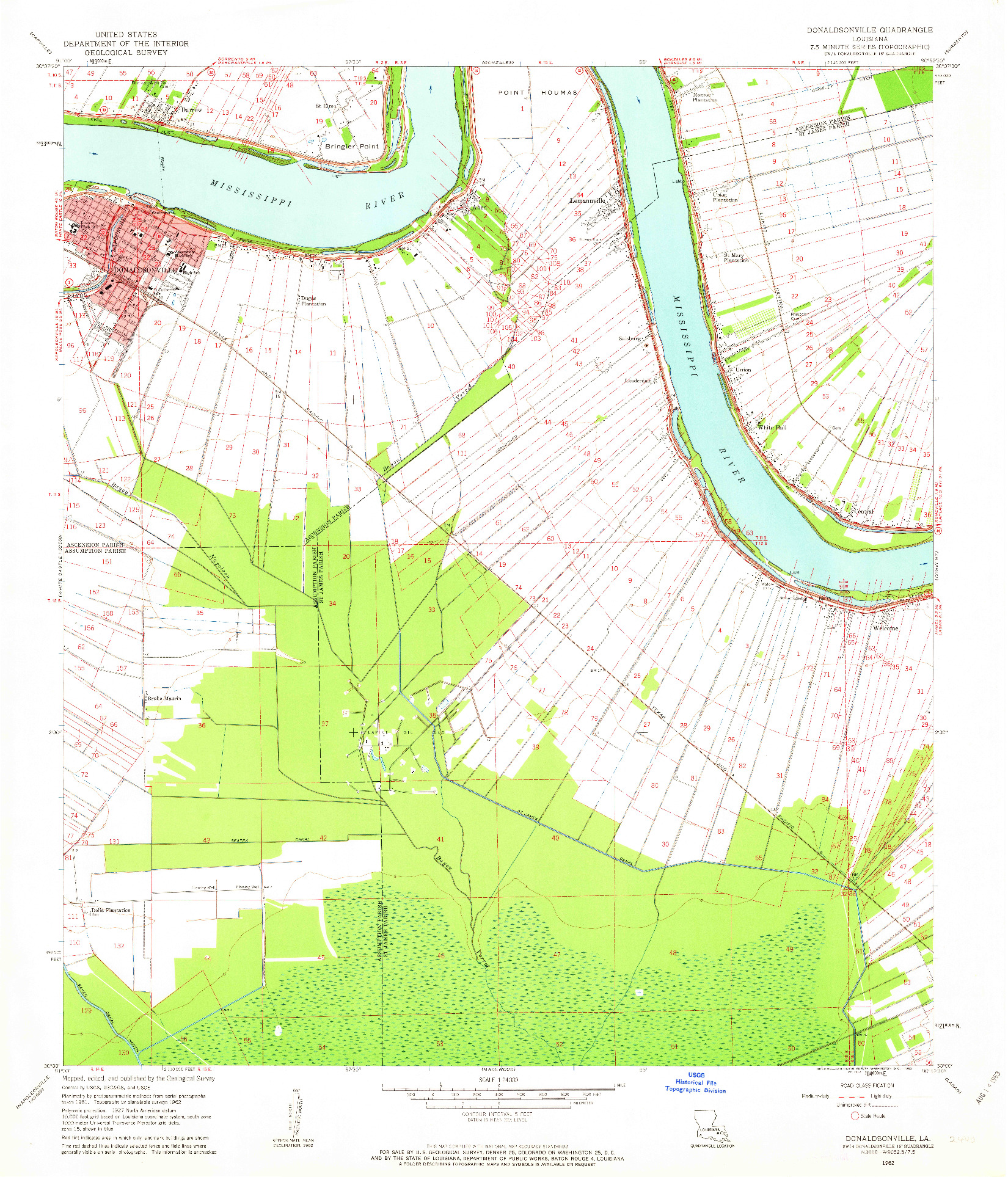 USGS 1:24000-SCALE QUADRANGLE FOR DONALDSONVILLE, LA 1962