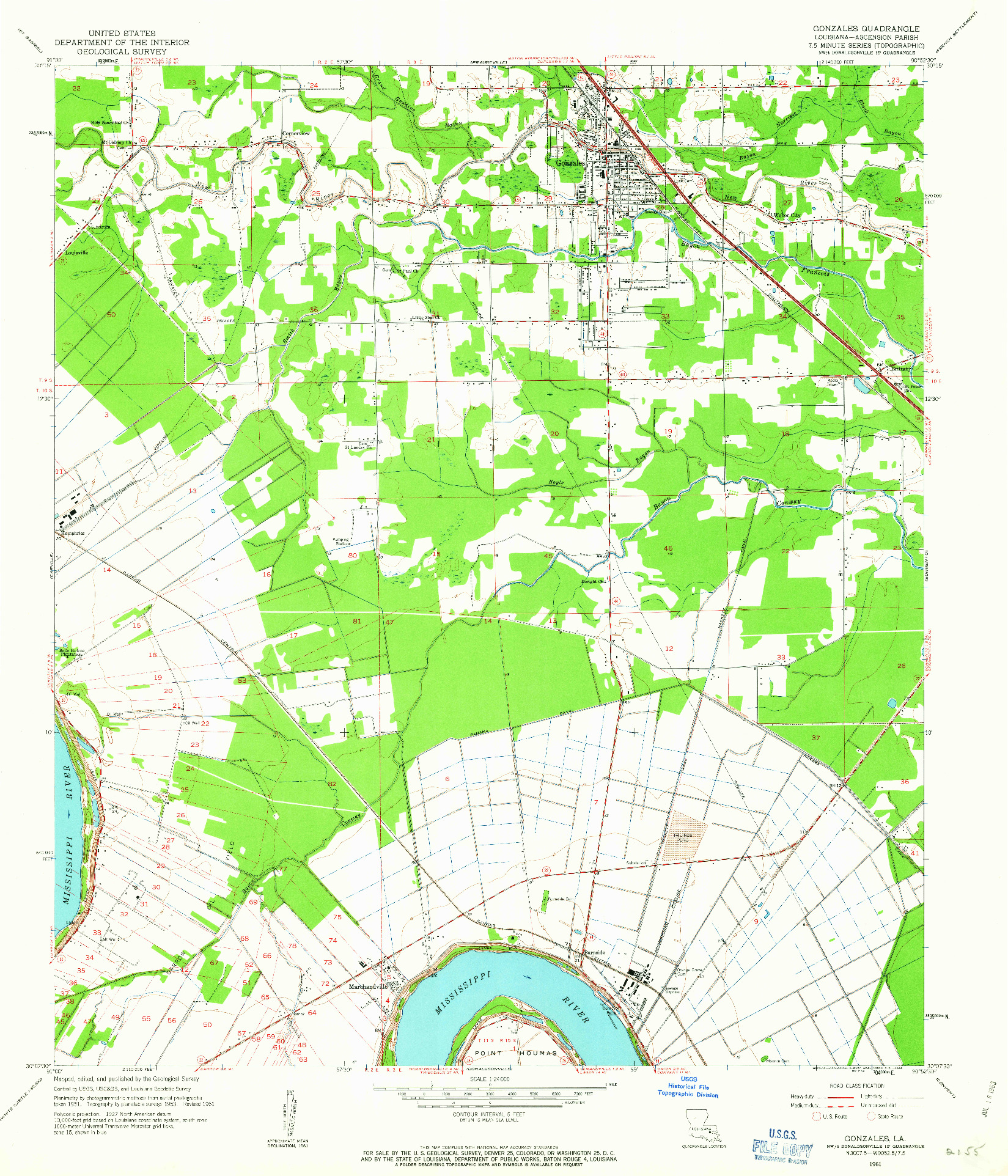 USGS 1:24000-SCALE QUADRANGLE FOR GONZALES, LA 1961