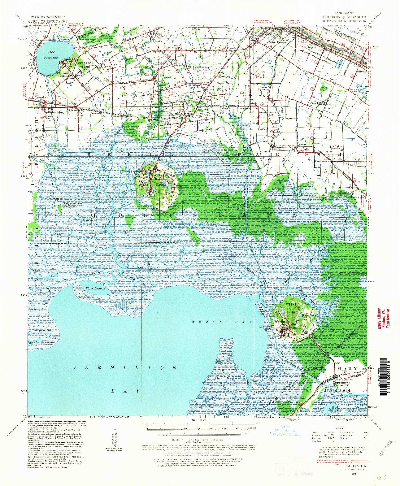 USGS 1:62500-SCALE QUADRANGLE FOR DEROUEN, LA 1937