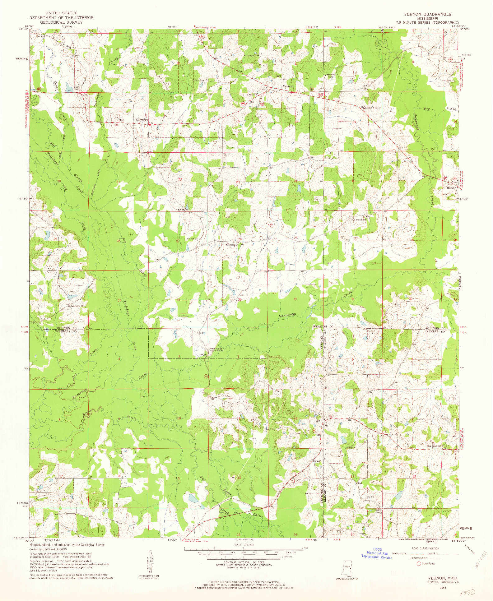 USGS 1:24000-SCALE QUADRANGLE FOR VERNON, MS 1962