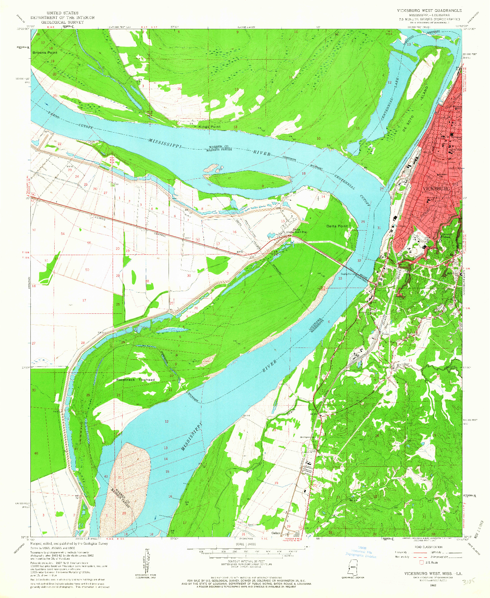 USGS 1:24000-SCALE QUADRANGLE FOR VICKSBURG WEST, MS 1962