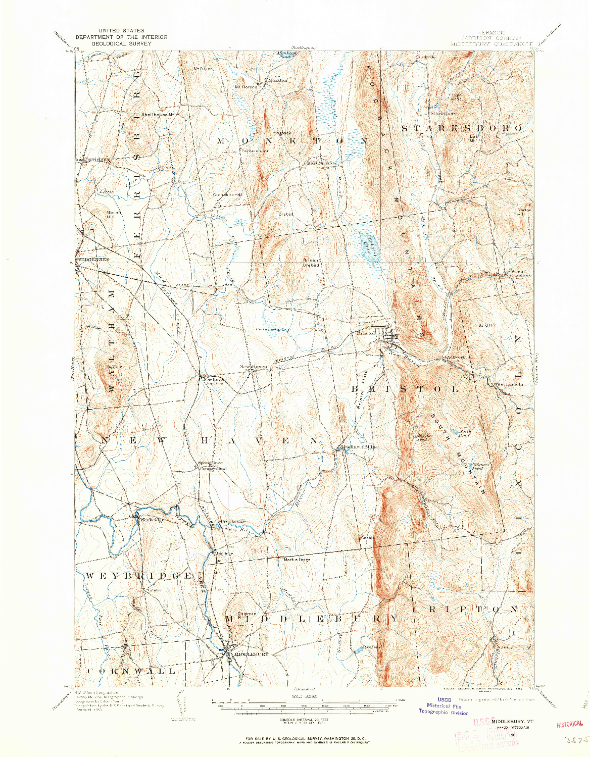 USGS 1:62500-SCALE QUADRANGLE FOR MIDDLEBURY, VT 1903