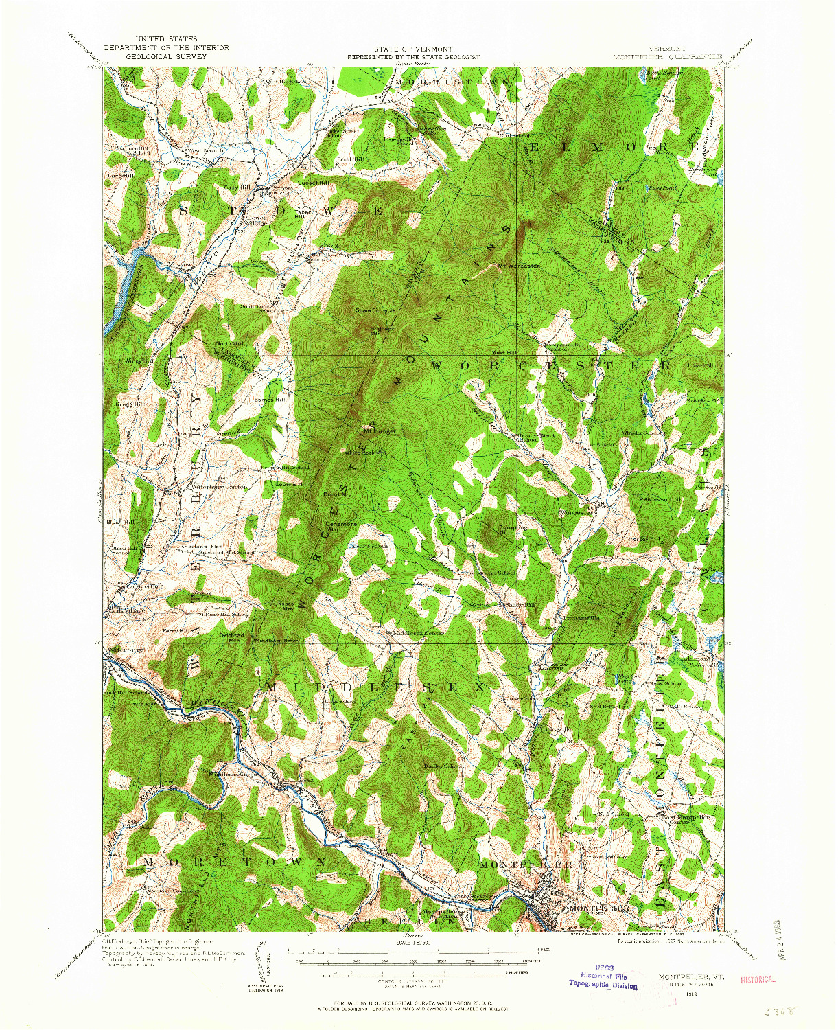 USGS 1:62500-SCALE QUADRANGLE FOR MONTPELIER, VT 1919
