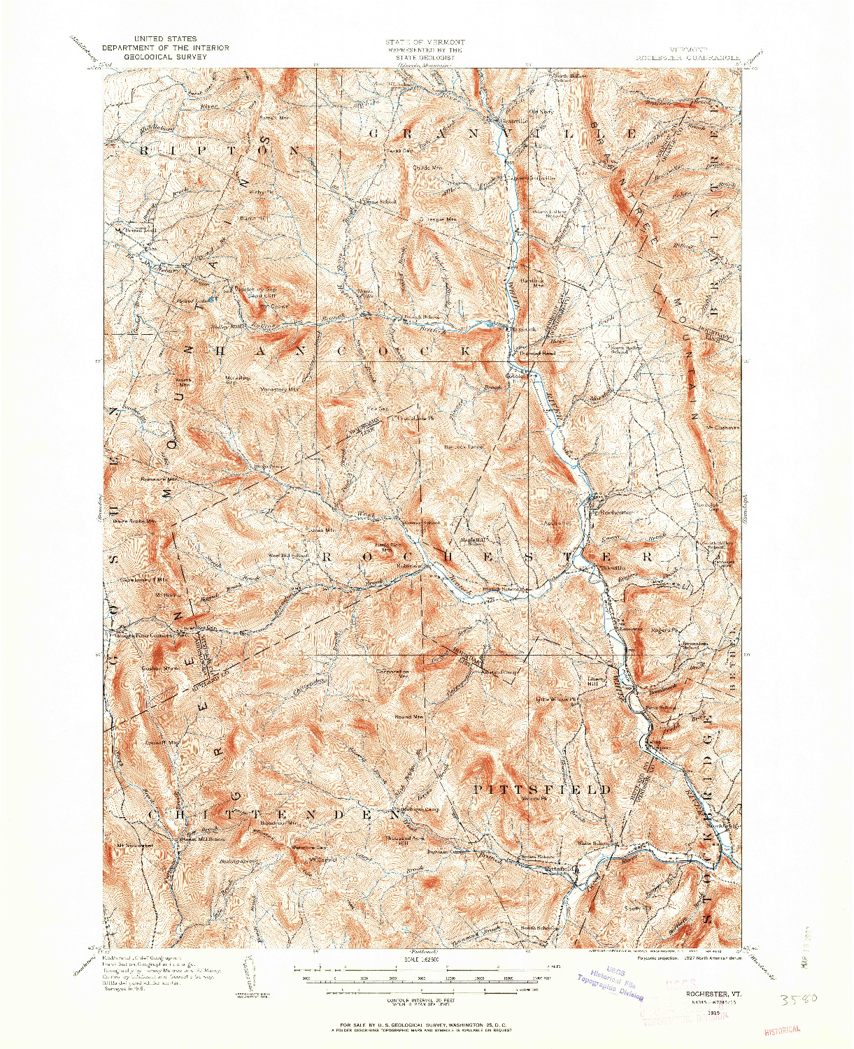 USGS 1:62500-SCALE QUADRANGLE FOR ROCHESTER, VT 1915