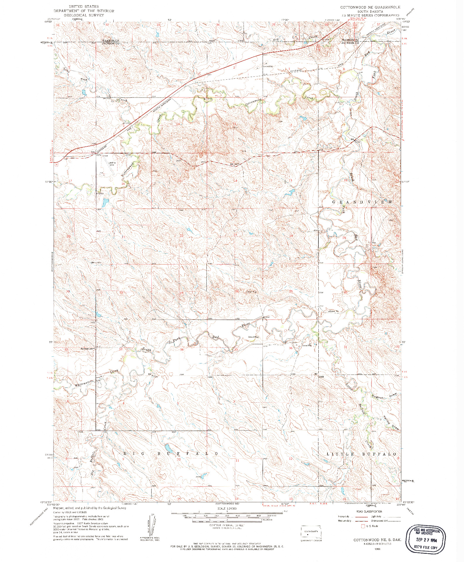 USGS 1:24000-SCALE QUADRANGLE FOR COTTONWOOD NE, SD 1961