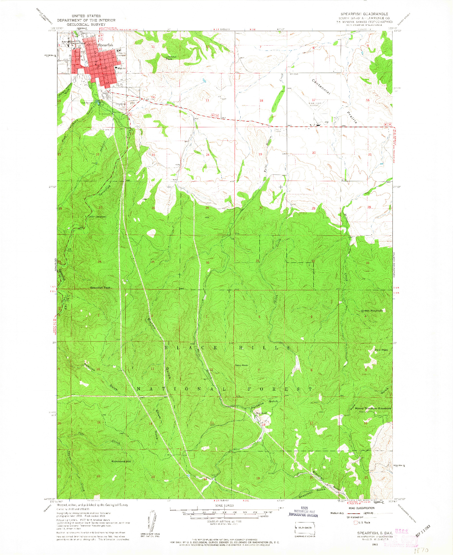 USGS 1:24000-SCALE QUADRANGLE FOR SPEARFISH, SD 1961