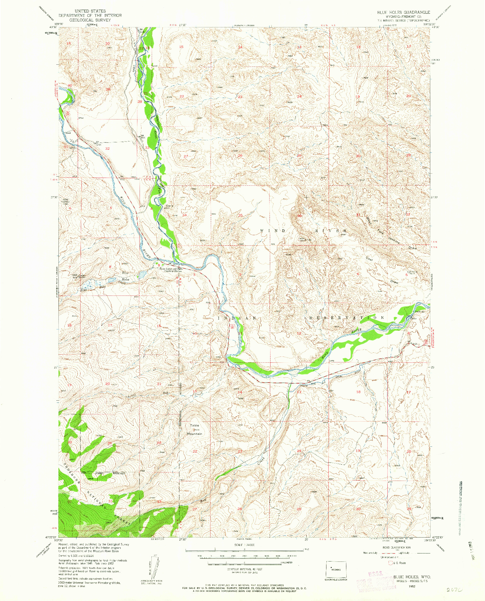 USGS 1:24000-SCALE QUADRANGLE FOR BLUE HOLES, WY 1952