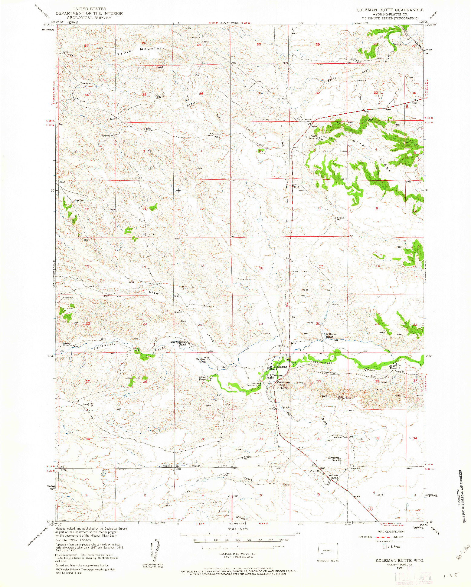 USGS 1:24000-SCALE QUADRANGLE FOR COLEMAN BUTTE, WY 1950