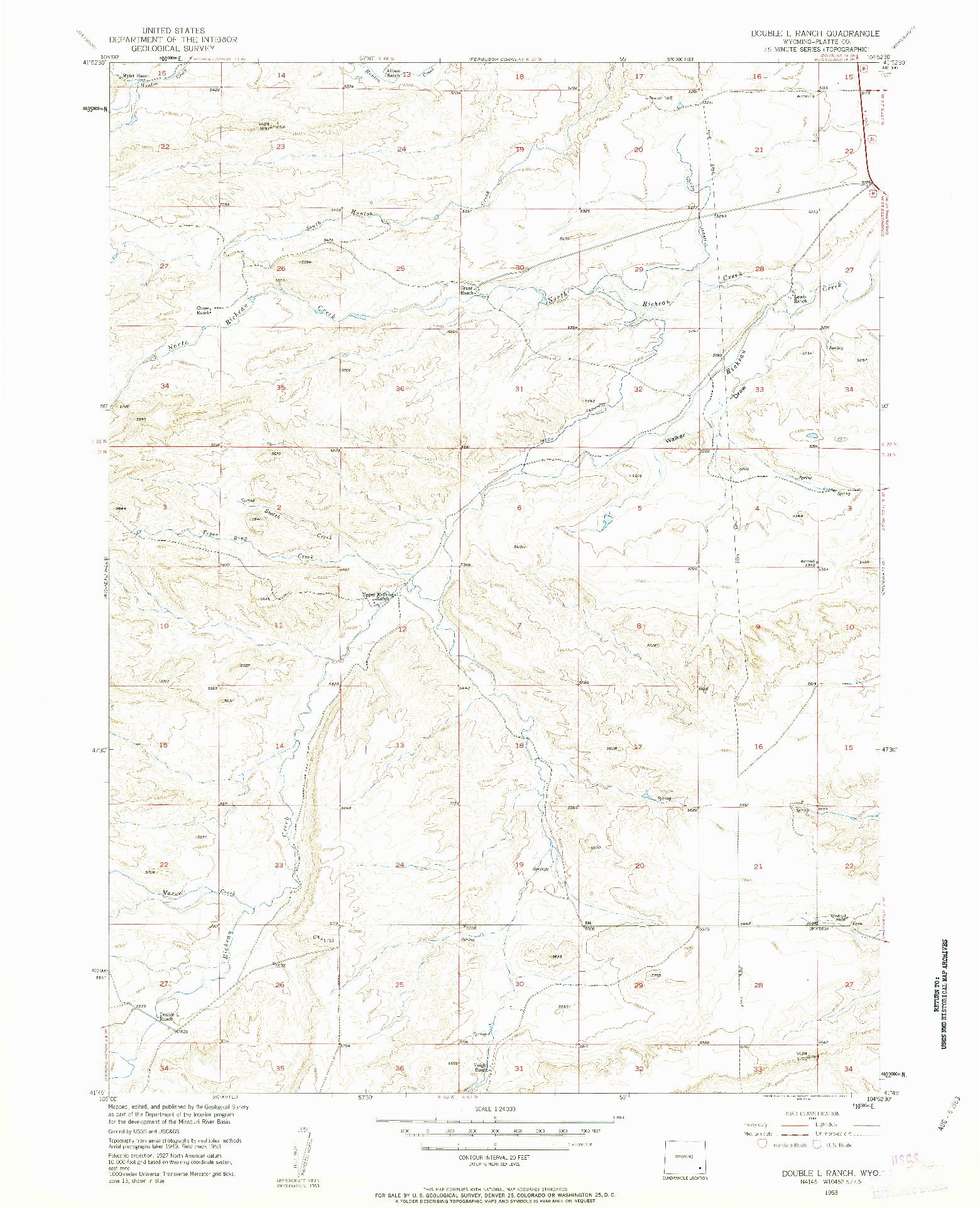 USGS 1:24000-SCALE QUADRANGLE FOR DOUBLE L RANCH, WY 1953