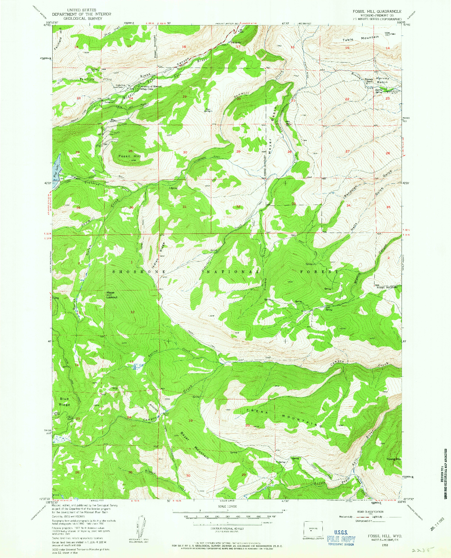 USGS 1:24000-SCALE QUADRANGLE FOR FOSSIL HILL, WY 1953