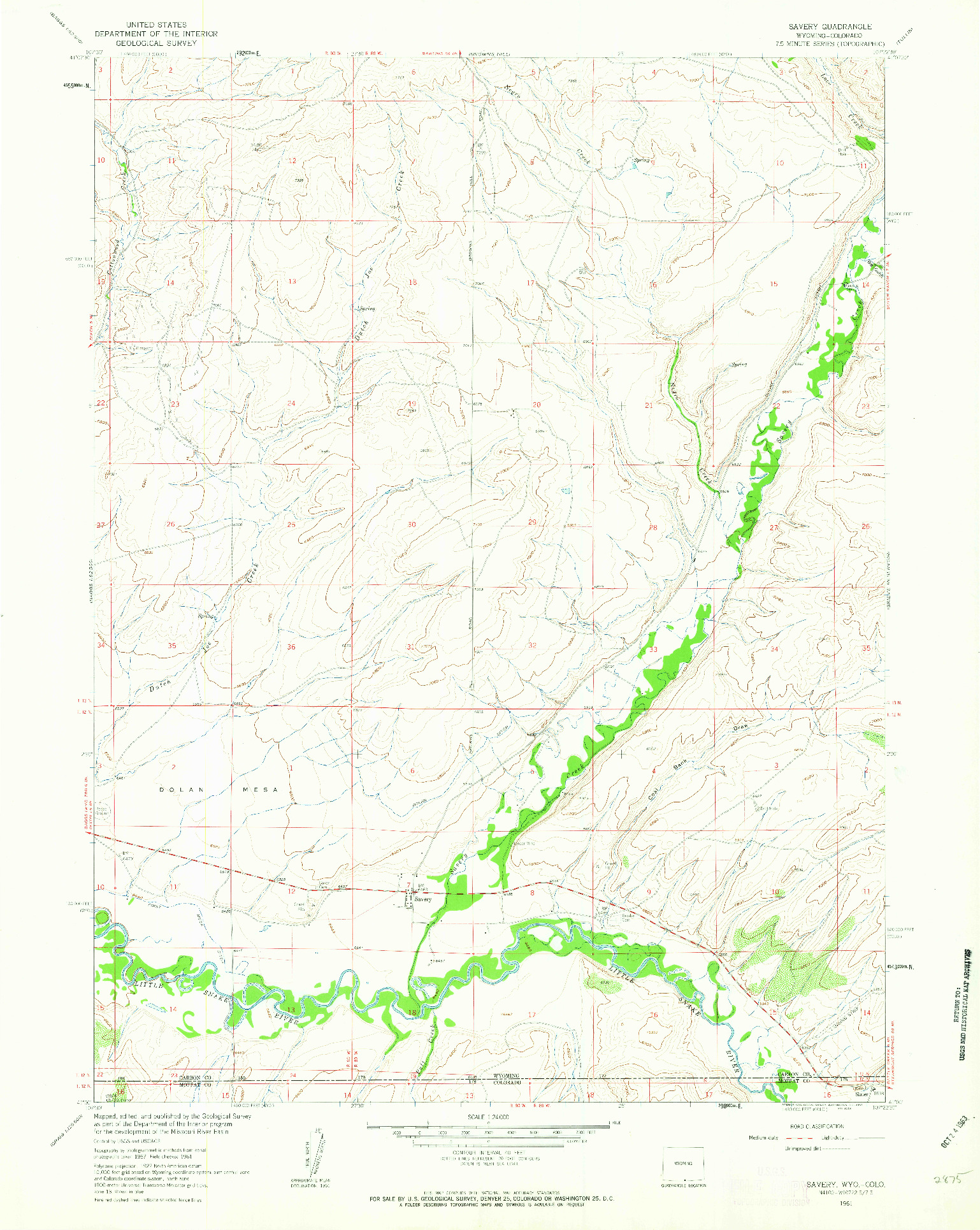 USGS 1:24000-SCALE QUADRANGLE FOR SAVERY, WY 1961