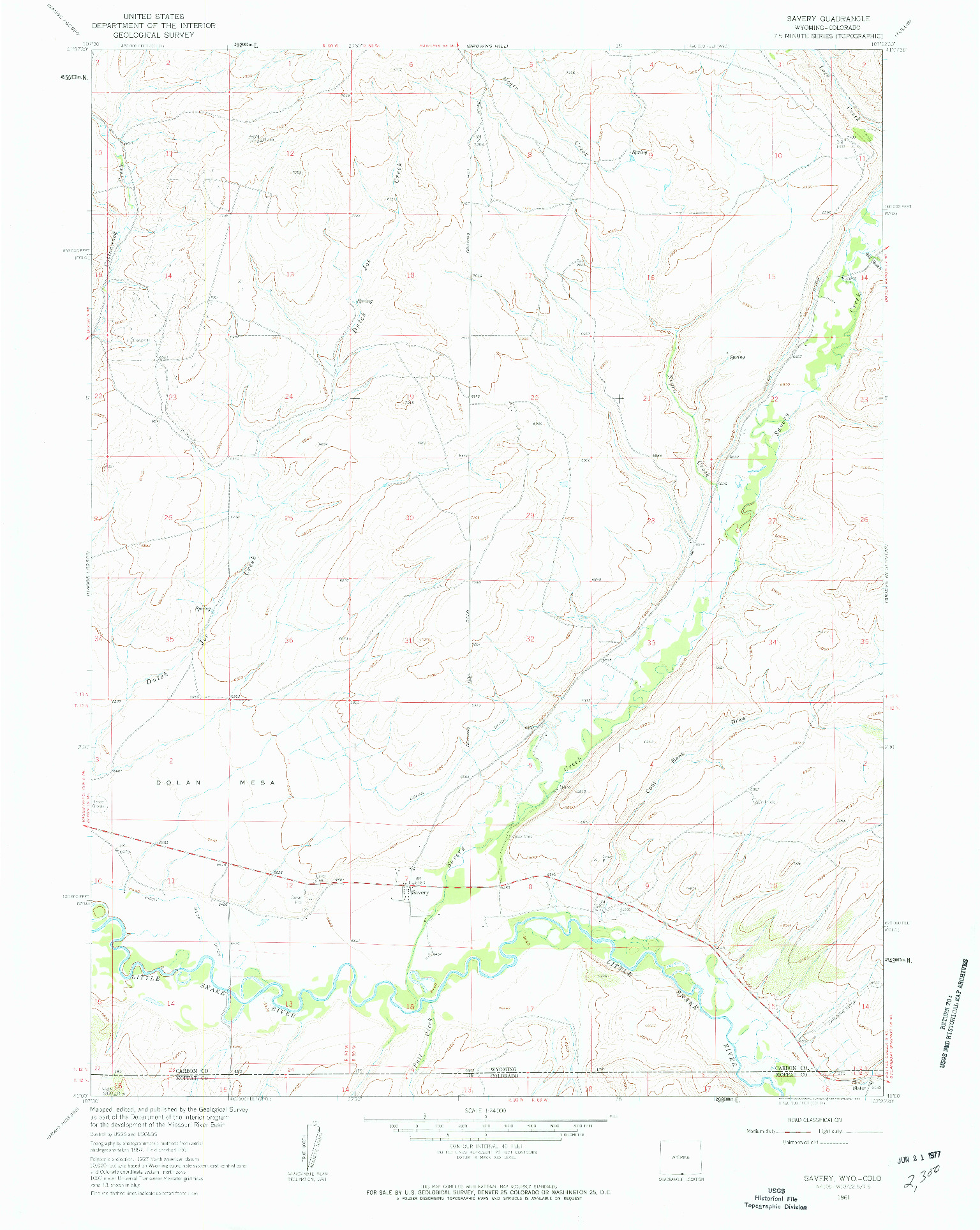 USGS 1:24000-SCALE QUADRANGLE FOR SAVERY, WY 1961