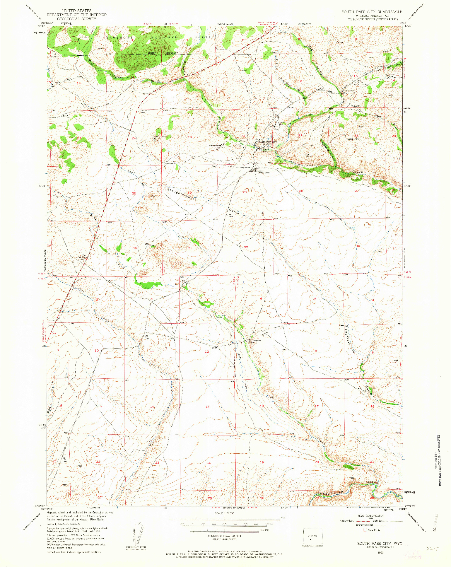 USGS 1:24000-SCALE QUADRANGLE FOR SOUTH PASS CITY, WY 1953