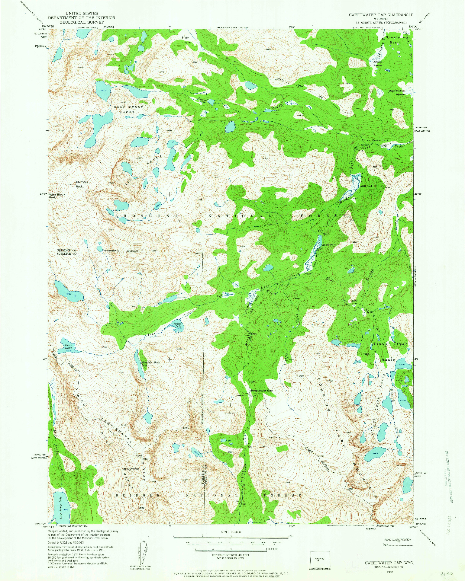 USGS 1:24000-SCALE QUADRANGLE FOR SWEETWATER GAP, WY 1953