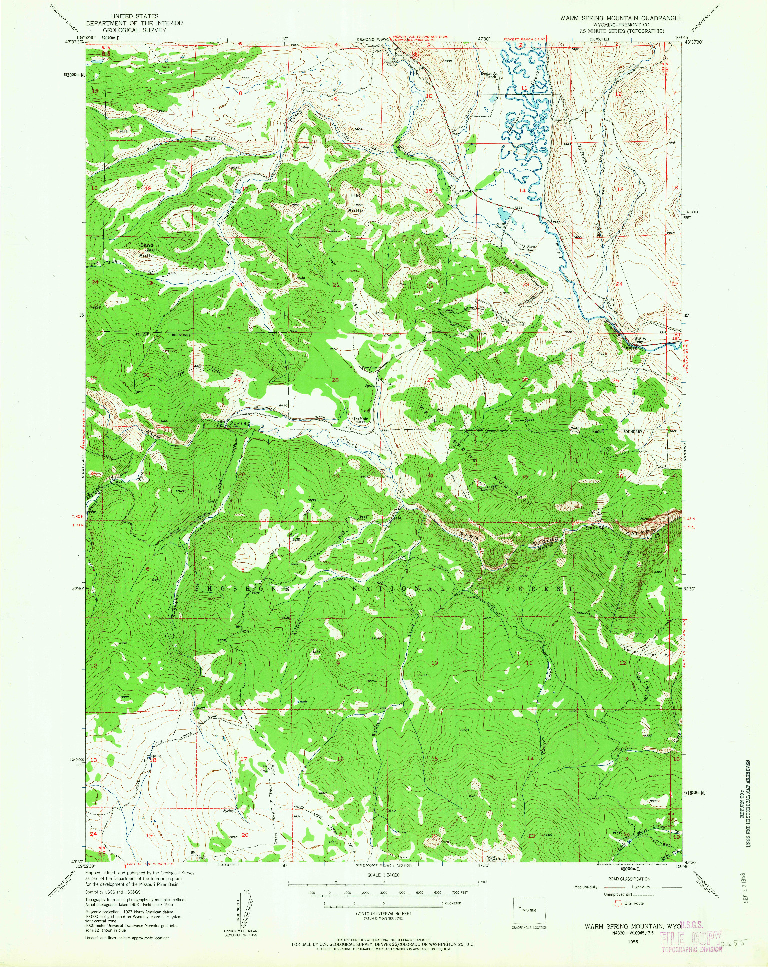 USGS 1:24000-SCALE QUADRANGLE FOR WARM SPRING MOUNTAIN, WY 1956