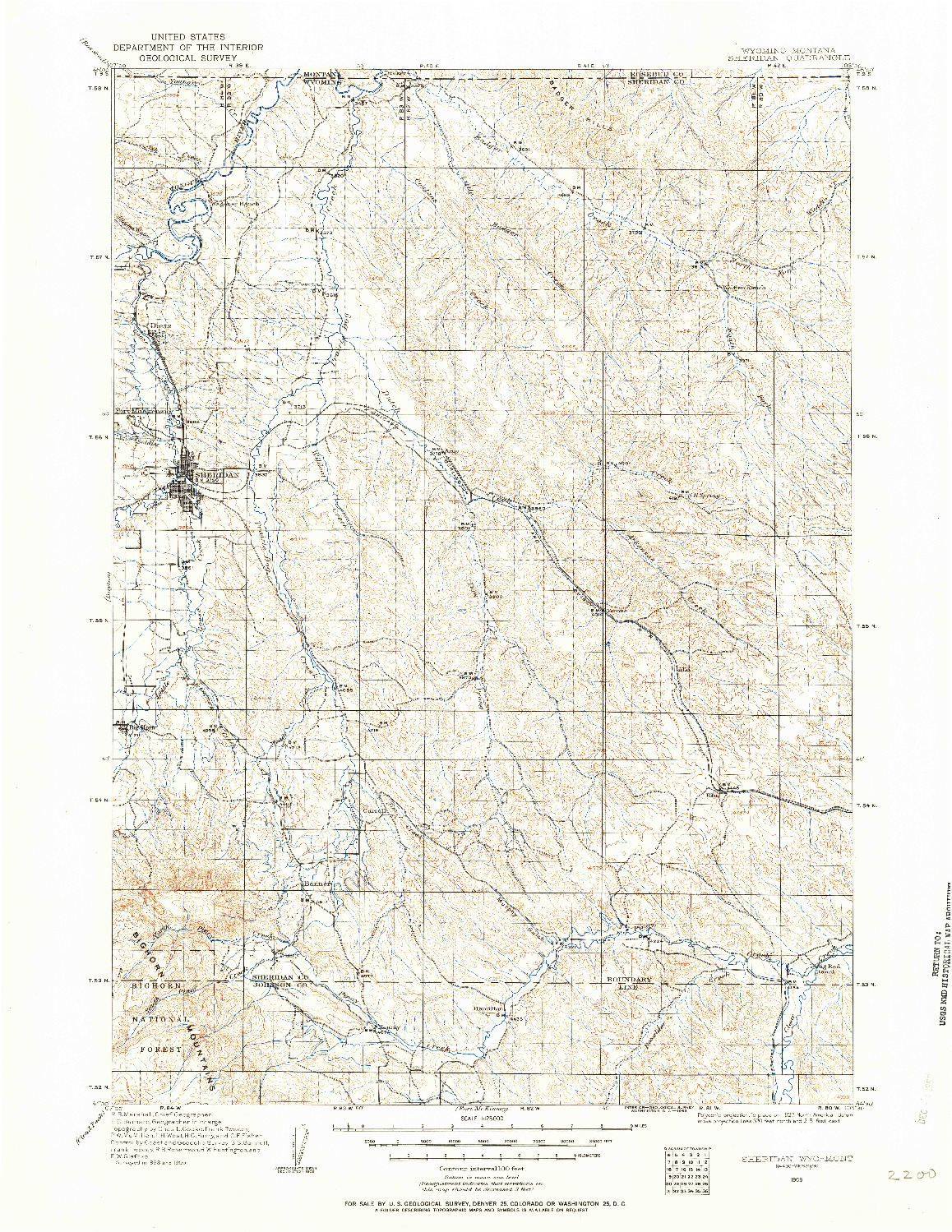 USGS 1:125000-SCALE QUADRANGLE FOR SHERIDAN, WY 1909