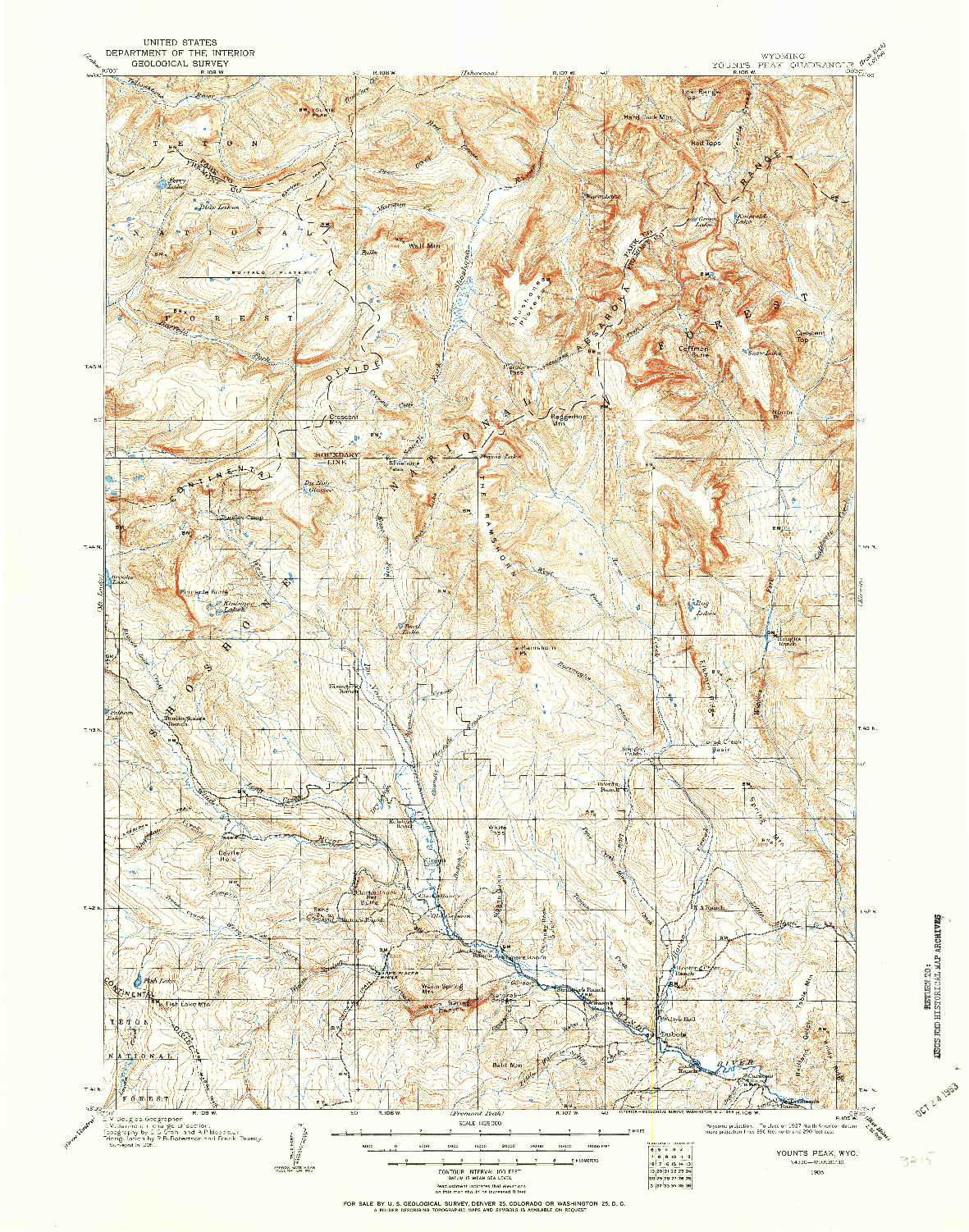 USGS 1:125000-SCALE QUADRANGLE FOR YOUNTS PEAK, WY 1905