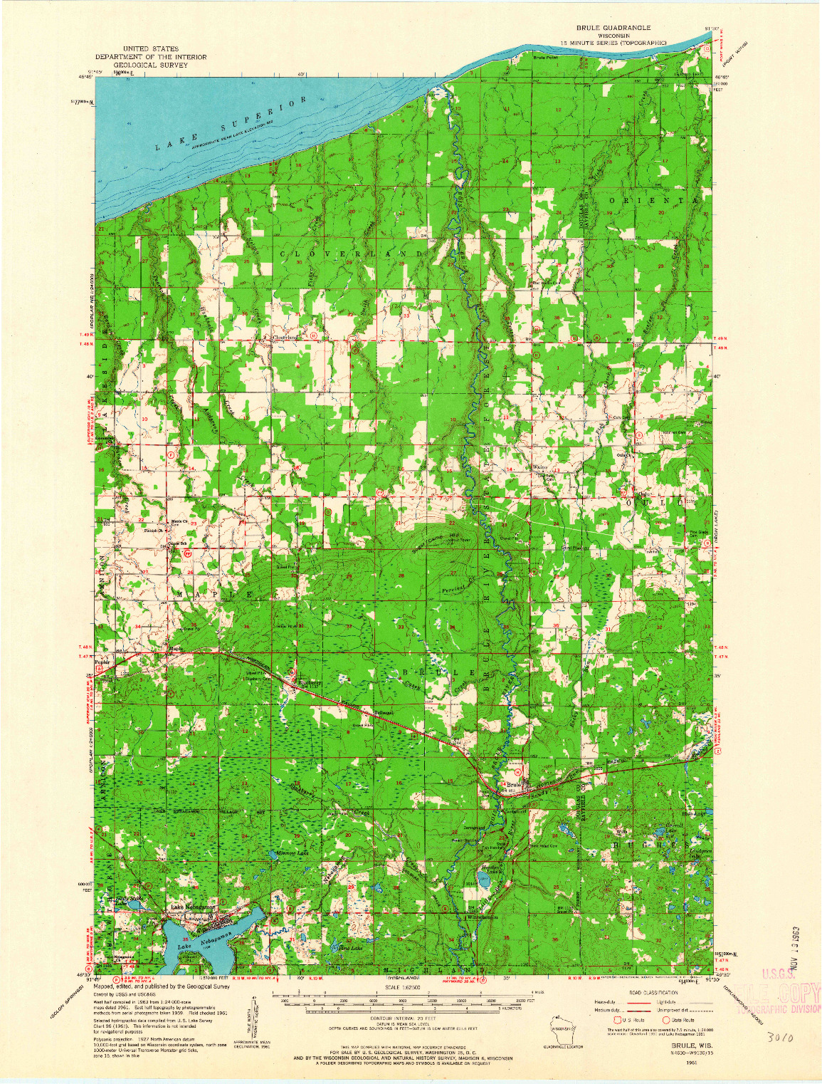USGS 1:62500-SCALE QUADRANGLE FOR BRULE, WI 1961