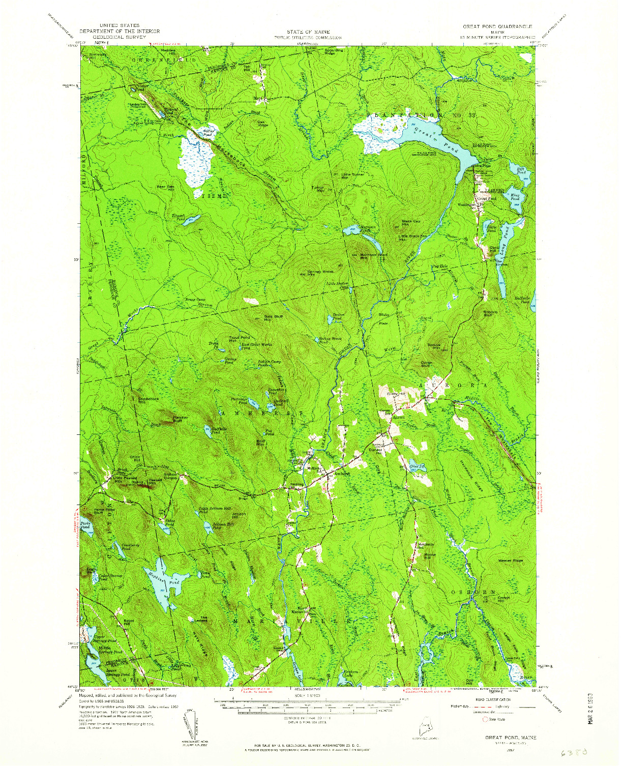 USGS 1:62500-SCALE QUADRANGLE FOR GREAT POND, ME 1957