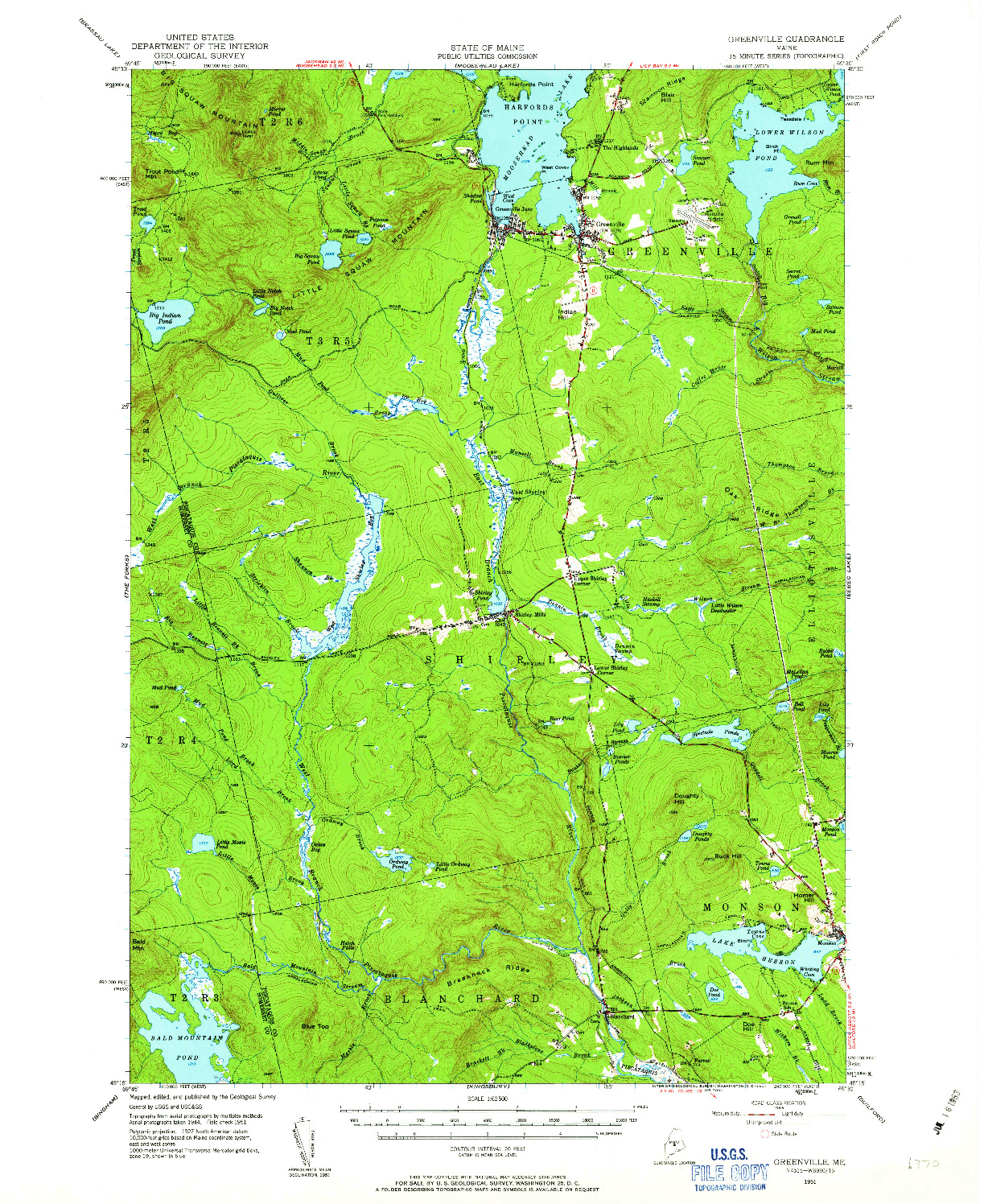 USGS 1:62500-SCALE QUADRANGLE FOR GREENVILLE, ME 1951