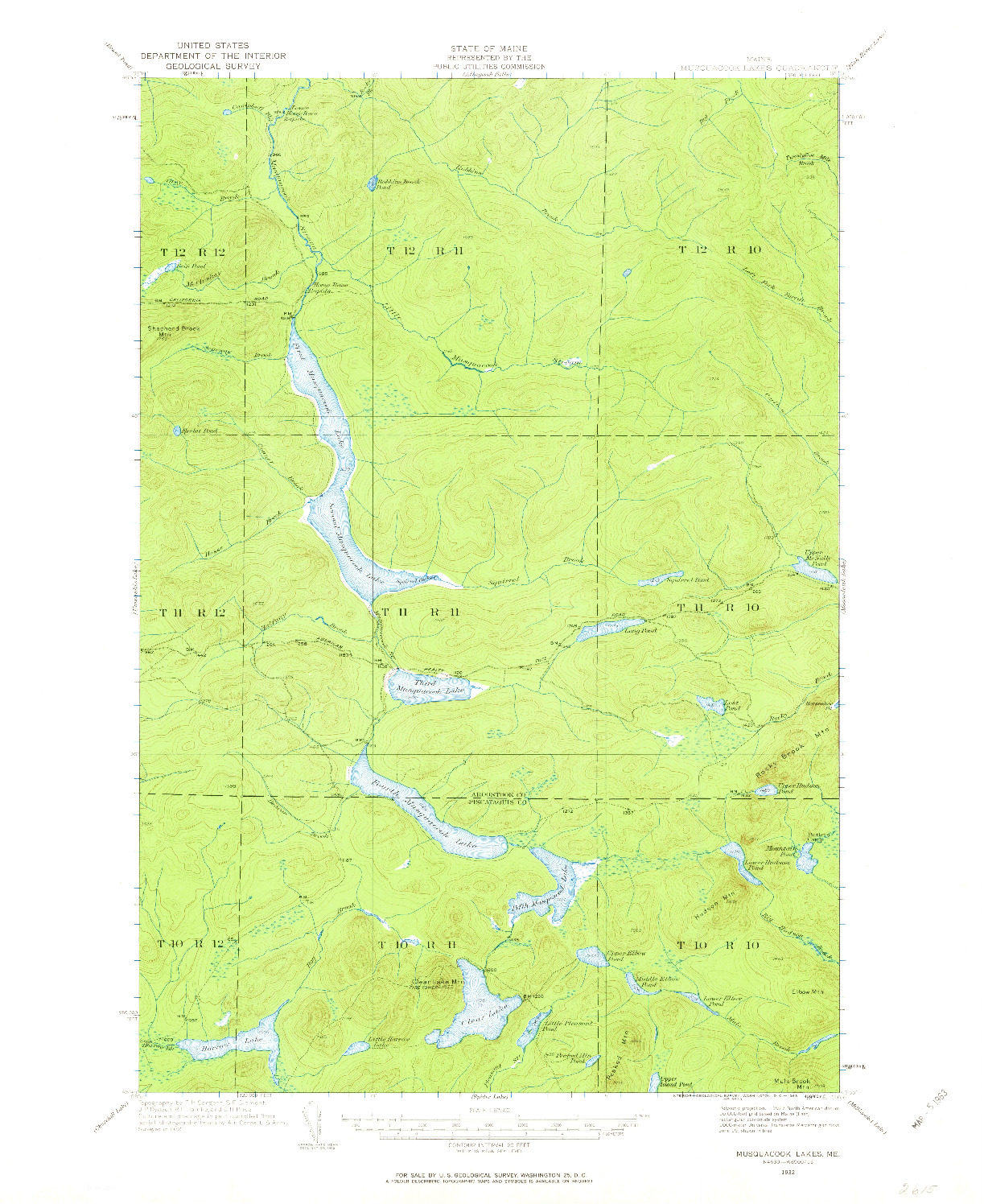 USGS 1:62500-SCALE QUADRANGLE FOR MUSQUACOOK LAKES, ME 1932