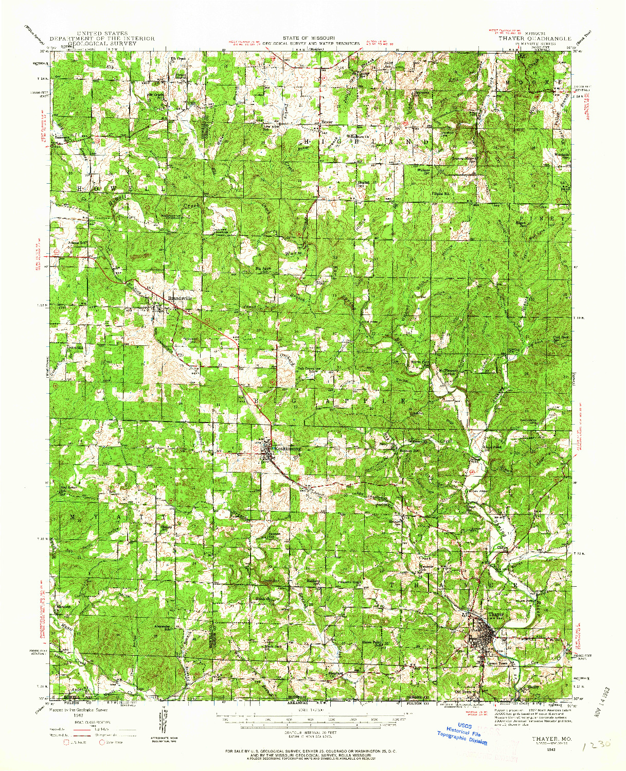 USGS 1:62500-SCALE QUADRANGLE FOR THAYER, MO 1943