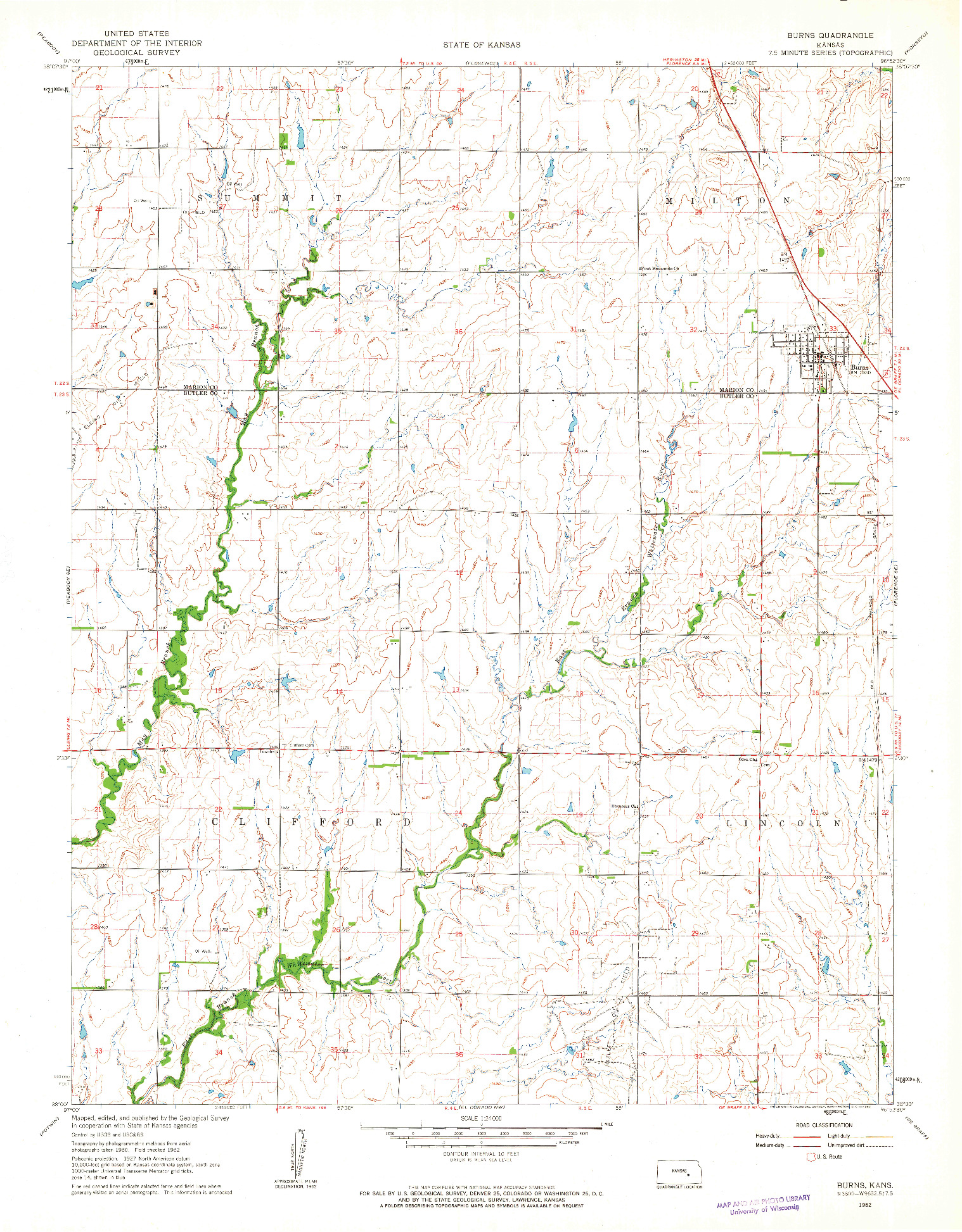 USGS 1:24000-SCALE QUADRANGLE FOR BURNS, KS 1962