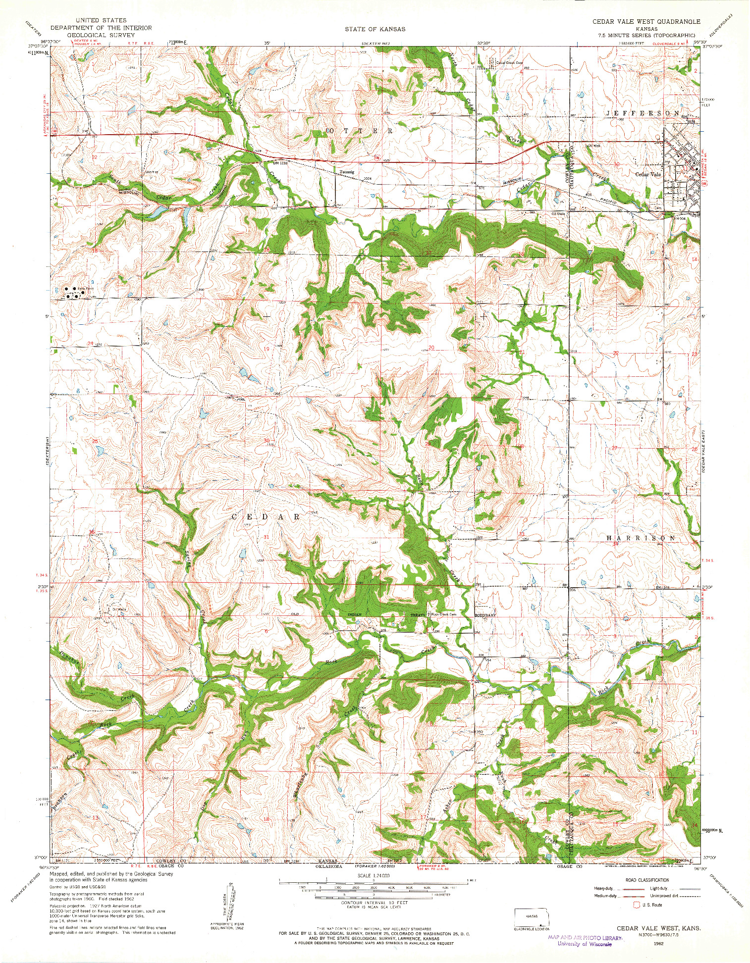 USGS 1:24000-SCALE QUADRANGLE FOR CEDAR VALE WEST, KS 1962