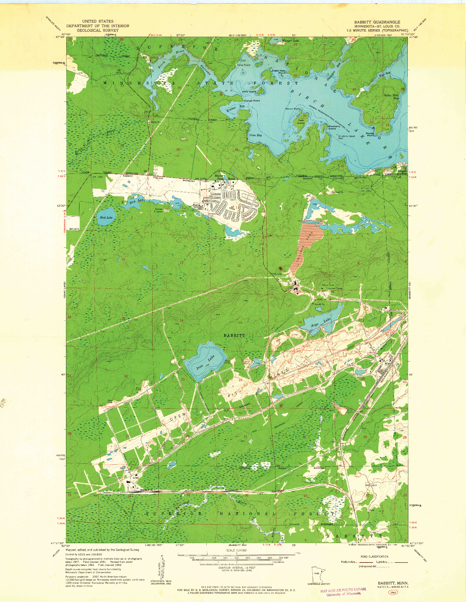 USGS 1:24000-SCALE QUADRANGLE FOR BABBITT, MN 1962