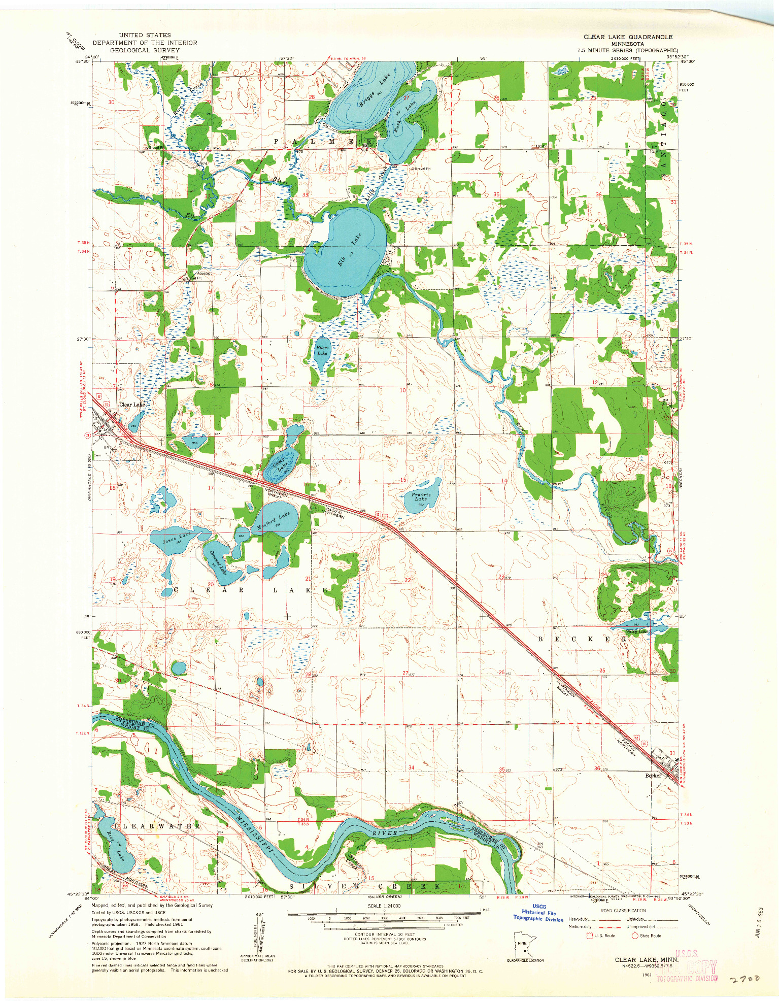 USGS 1:24000-SCALE QUADRANGLE FOR CLEAR LAKE, MN 1961