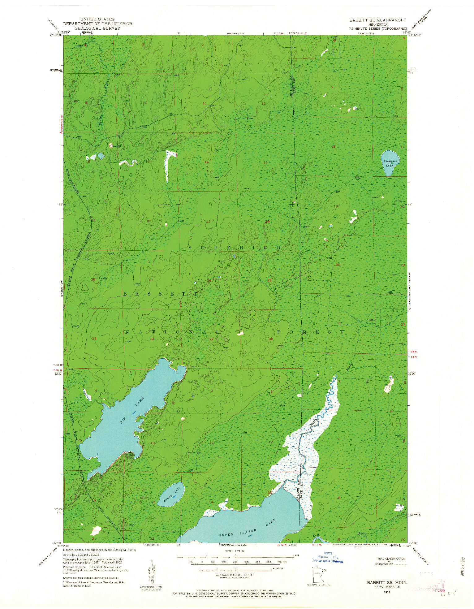 USGS 1:24000-SCALE QUADRANGLE FOR BABBITT SE, MN 1952