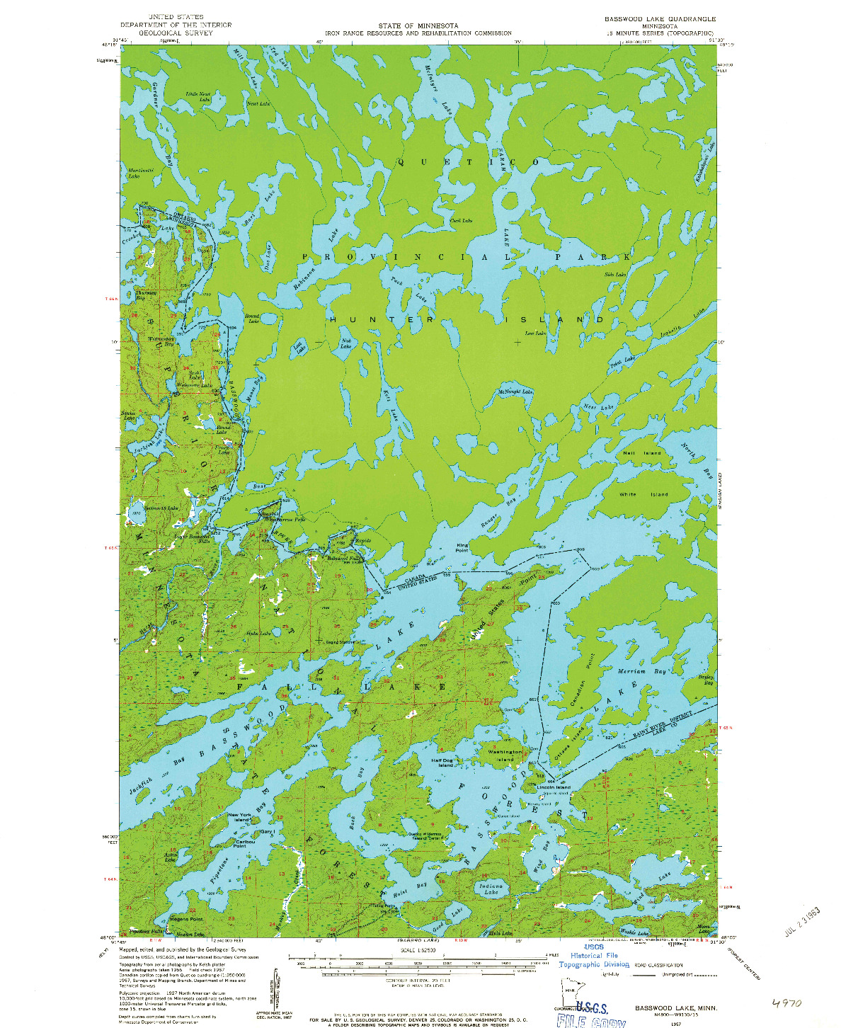 USGS 1:62500-SCALE QUADRANGLE FOR BASSWOOD LAKE, MN 1957