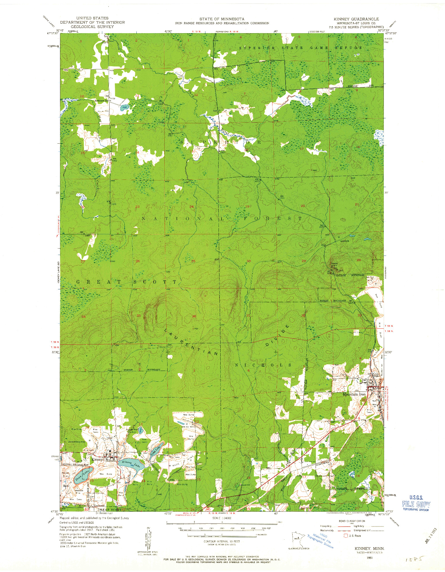 USGS 1:24000-SCALE QUADRANGLE FOR KINNEY, MN 1951