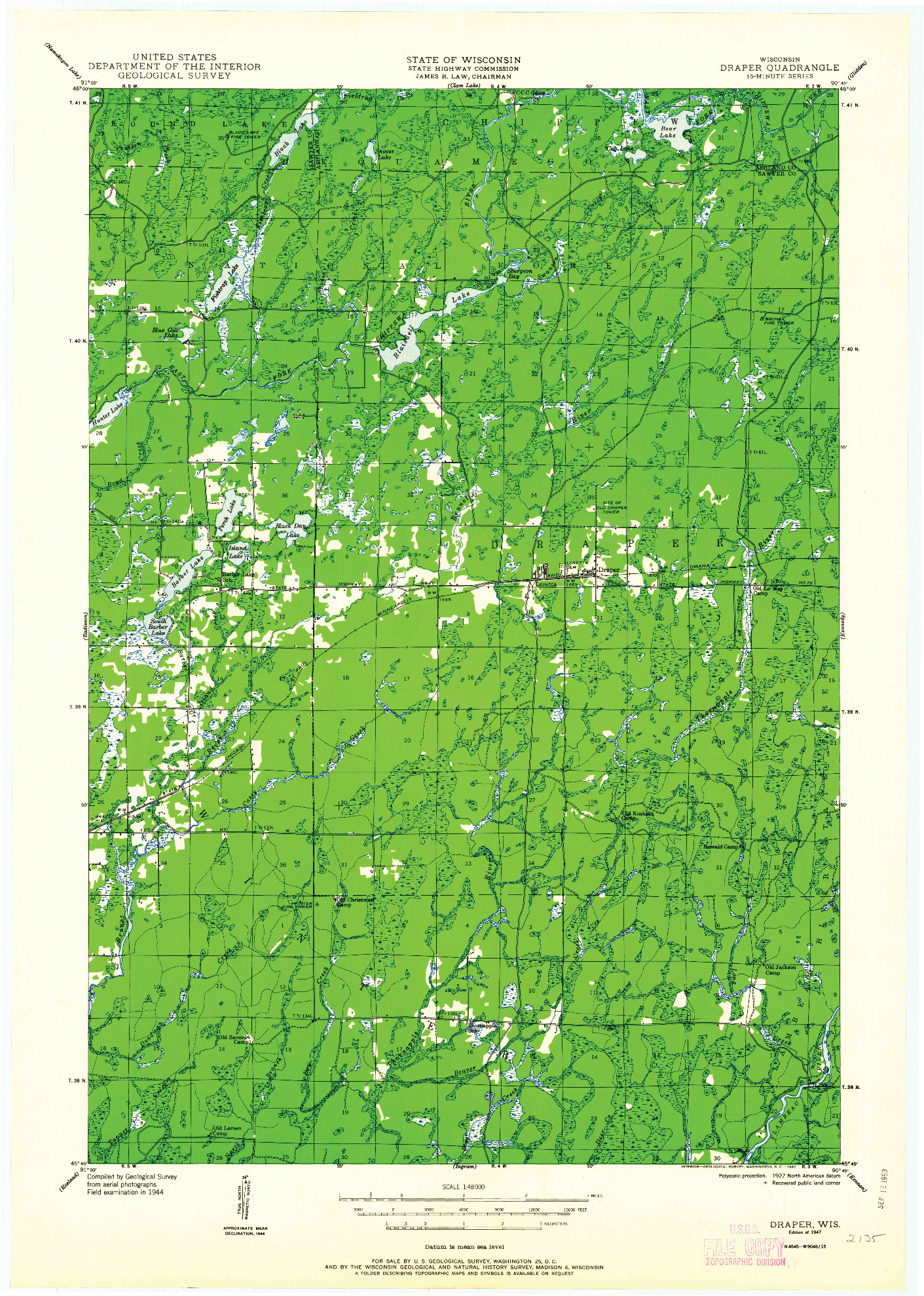 USGS 1:48000-SCALE QUADRANGLE FOR DRAPER, WI 1947