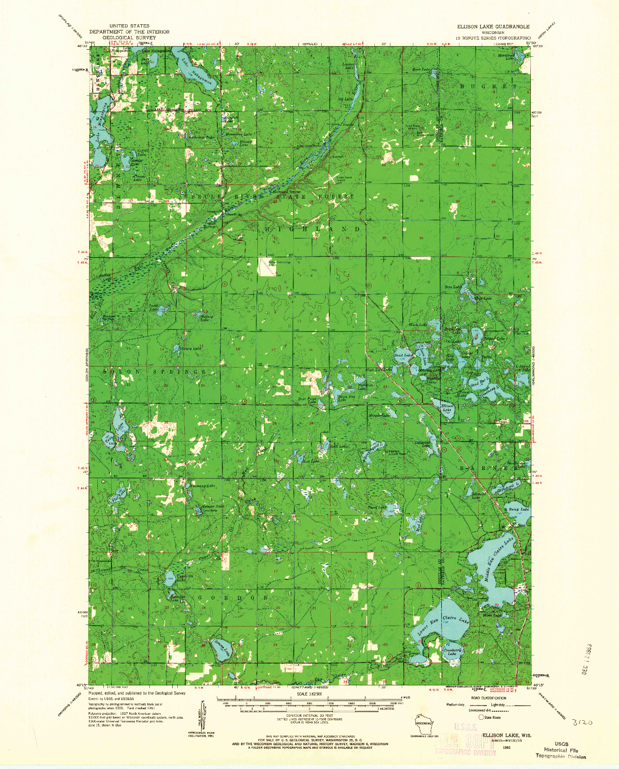 USGS 1:62500-SCALE QUADRANGLE FOR ELLISON LAKE, WI 1961