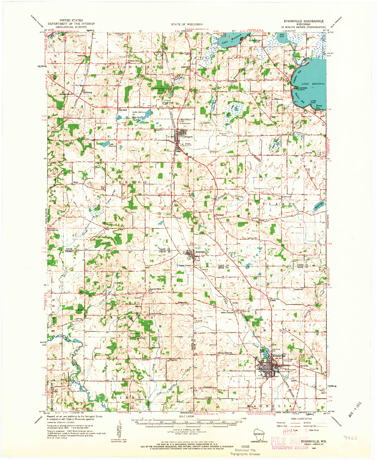 USGS 1:62500-SCALE QUADRANGLE FOR EVANSVILLE, WI 1961