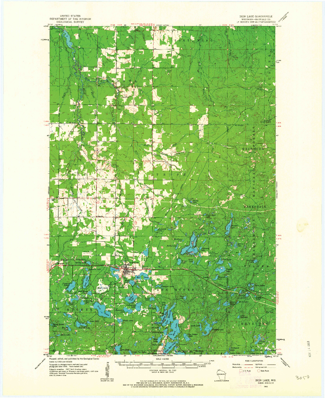 USGS 1:62500-SCALE QUADRANGLE FOR IRON LAKE, WI 1961