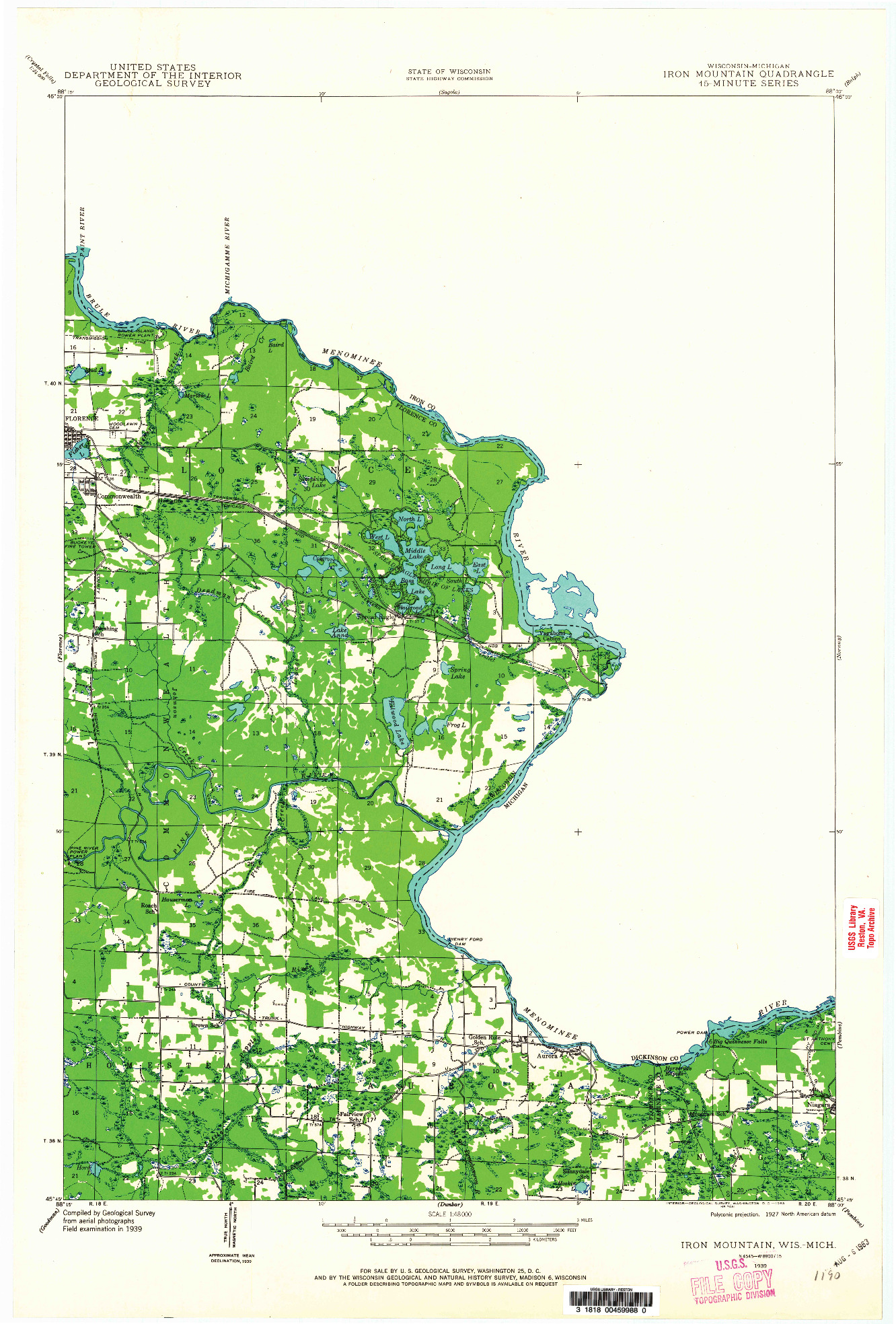 USGS 1:48000-SCALE QUADRANGLE FOR IRON MOUNTAIN, WI 1939