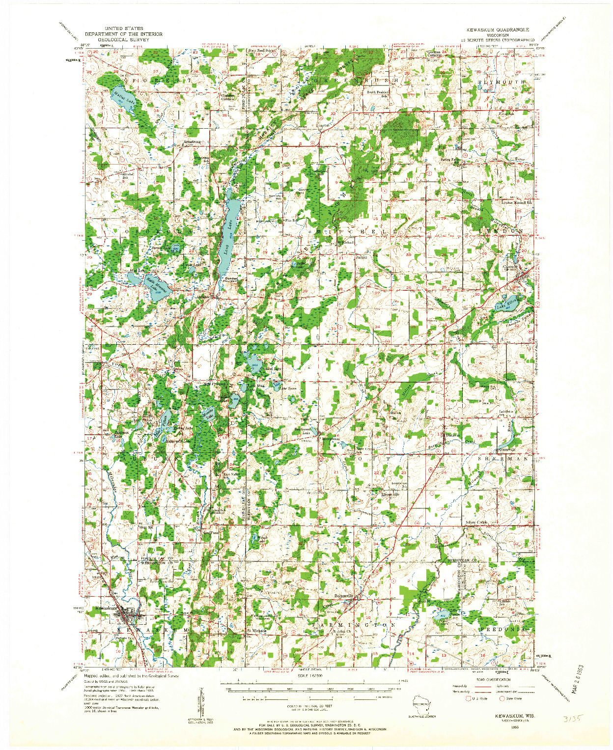 USGS 1:62500-SCALE QUADRANGLE FOR KEWASKUM, WI 1955