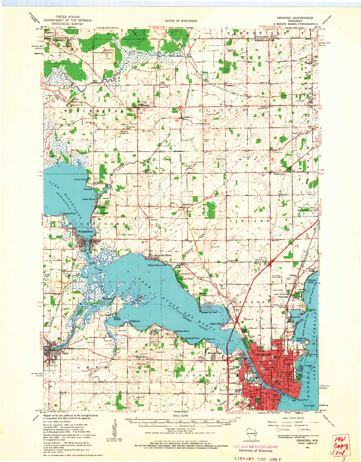 USGS 1:62500-SCALE QUADRANGLE FOR OSHKOSH, WI 1961