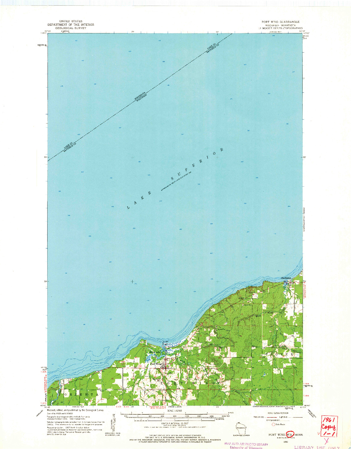 USGS 1:62500-SCALE QUADRANGLE FOR PORT WING, WI 1961