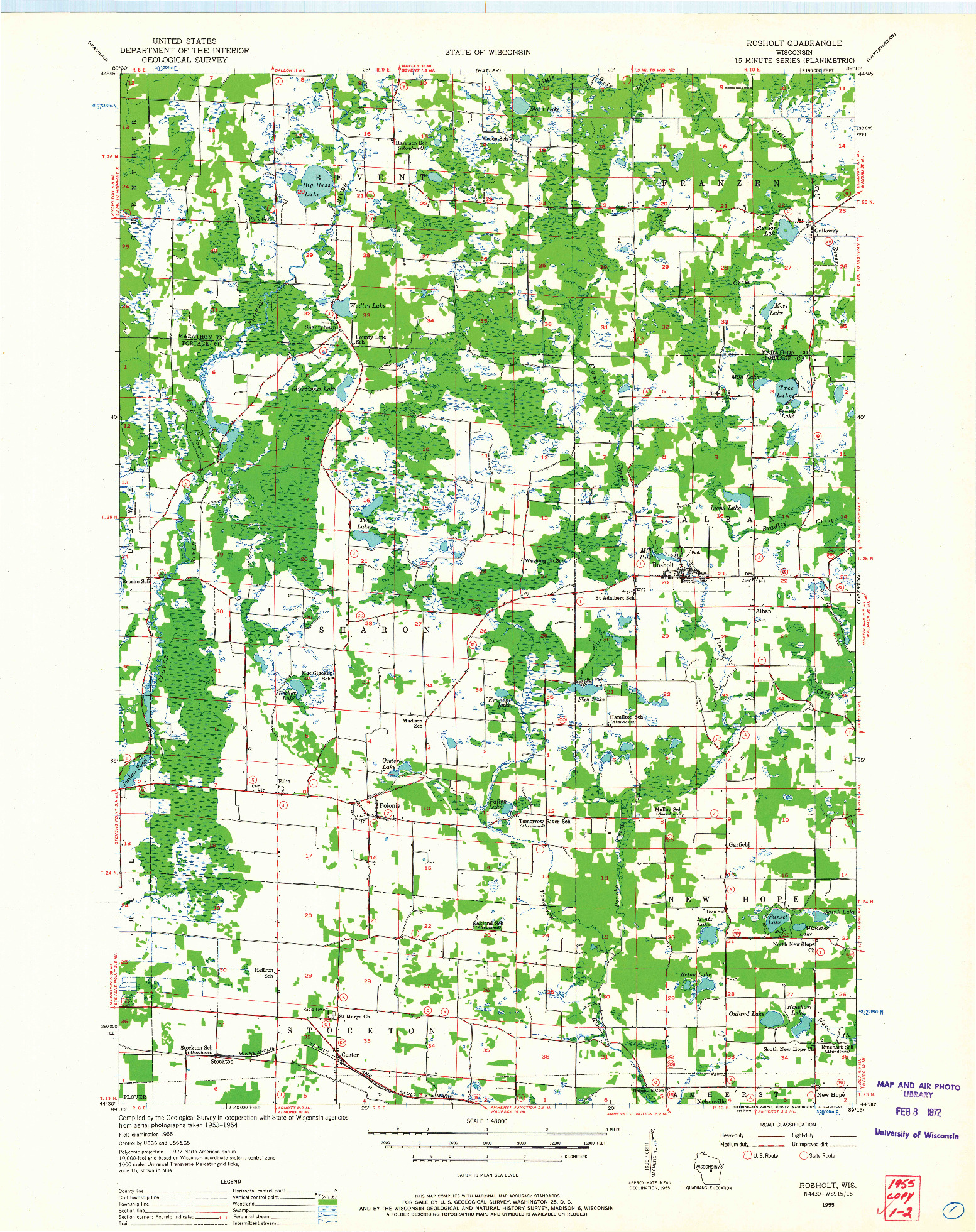 USGS 1:48000-SCALE QUADRANGLE FOR ROSHOLT, WI 1955