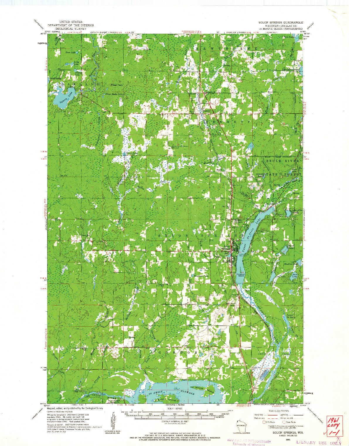 USGS 1:62500-SCALE QUADRANGLE FOR SOLON SPRINGS, WI 1961