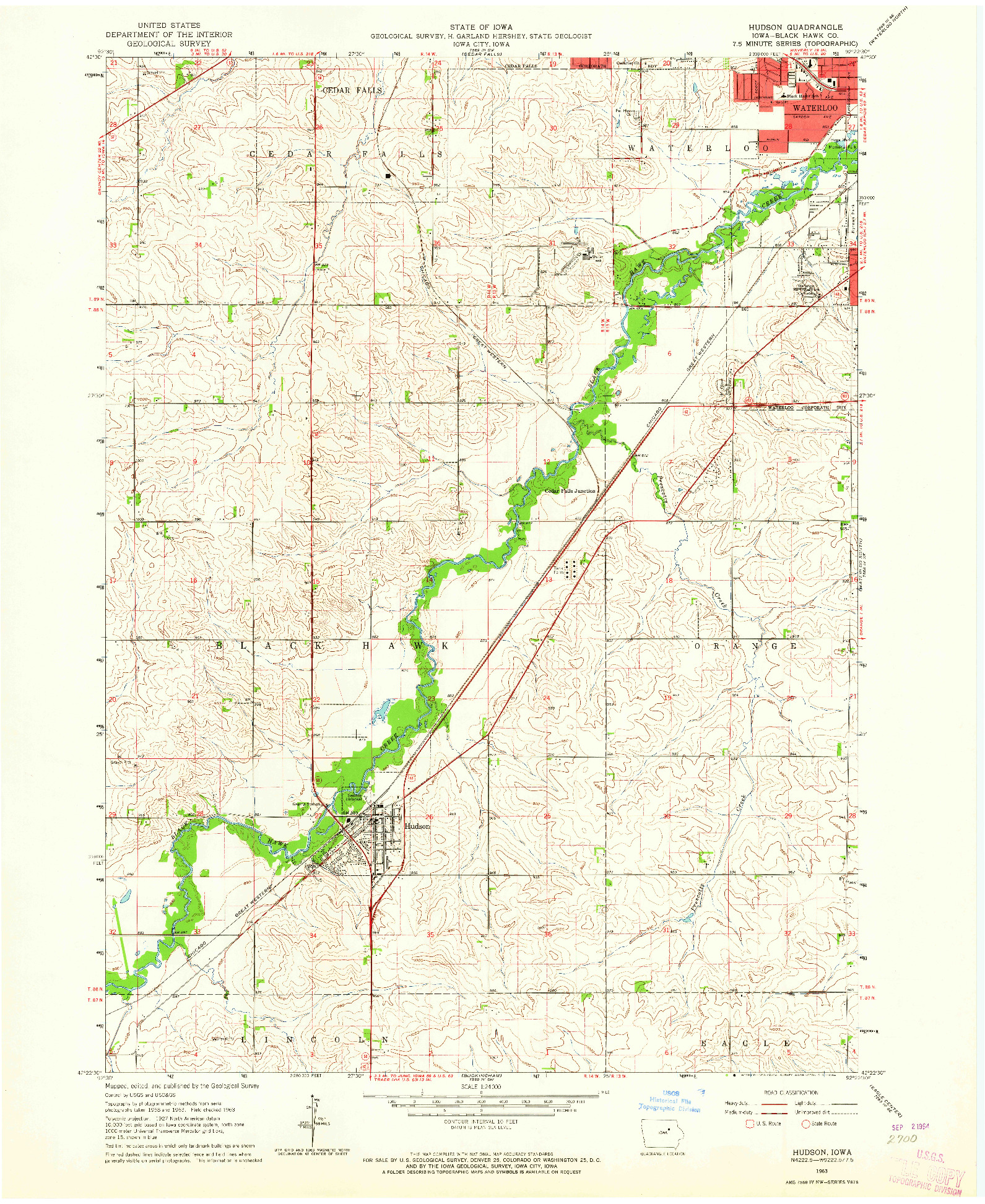 USGS 1:24000-SCALE QUADRANGLE FOR HUDSON, IA 1963